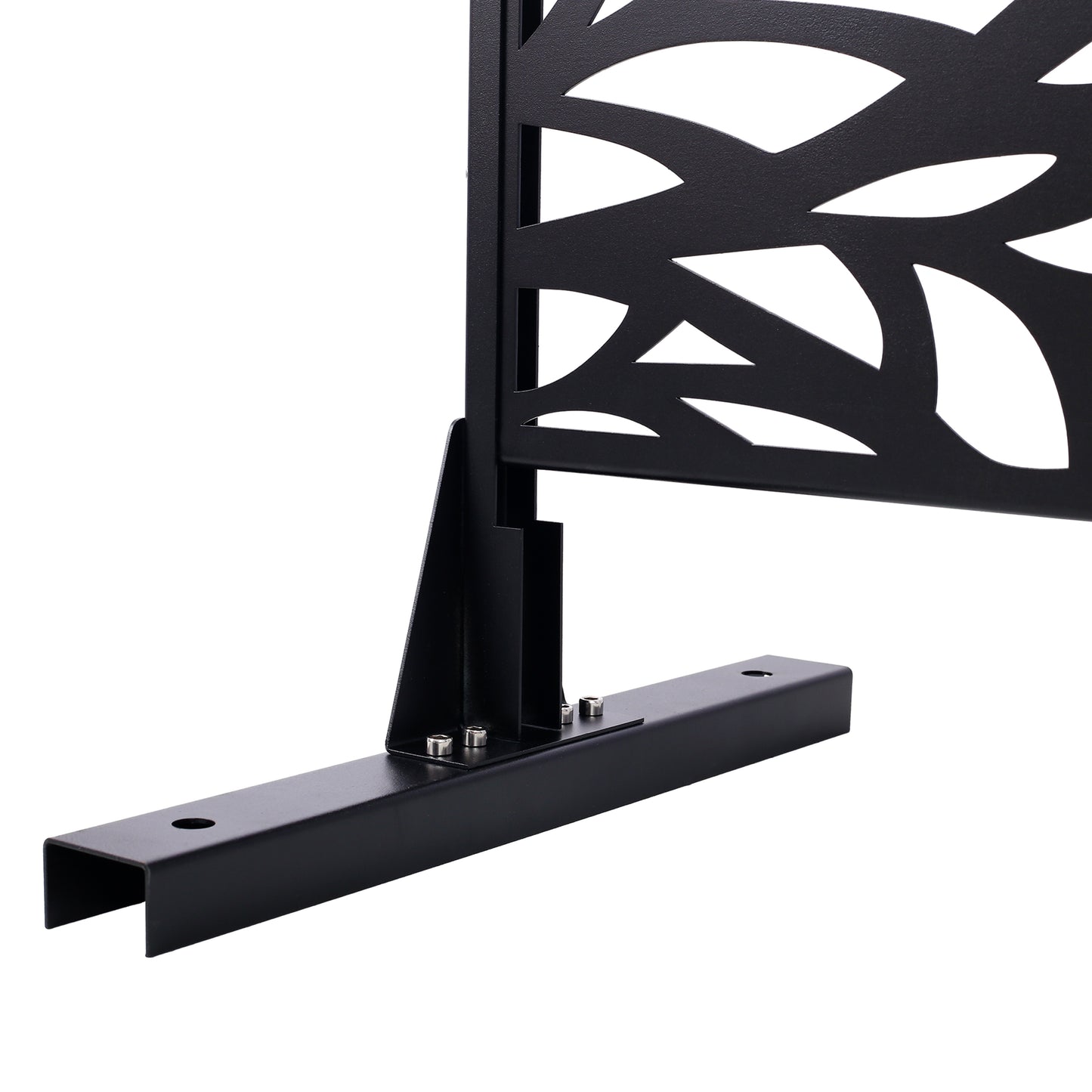 Black metal privacy screen with lasercut leaf pattern and stabilizing base