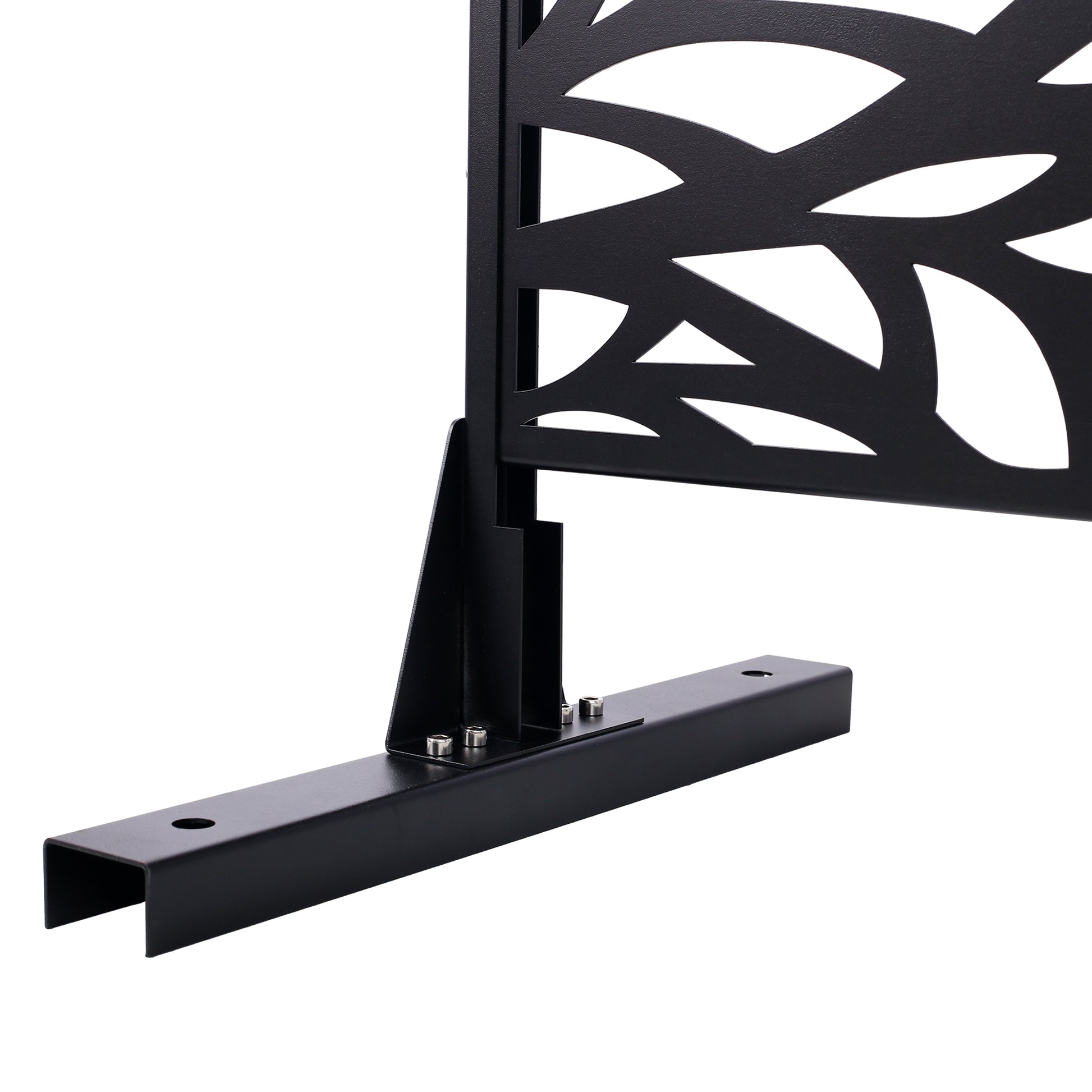 Black metal privacy screen with lasercut leaf pattern and stabilizing base