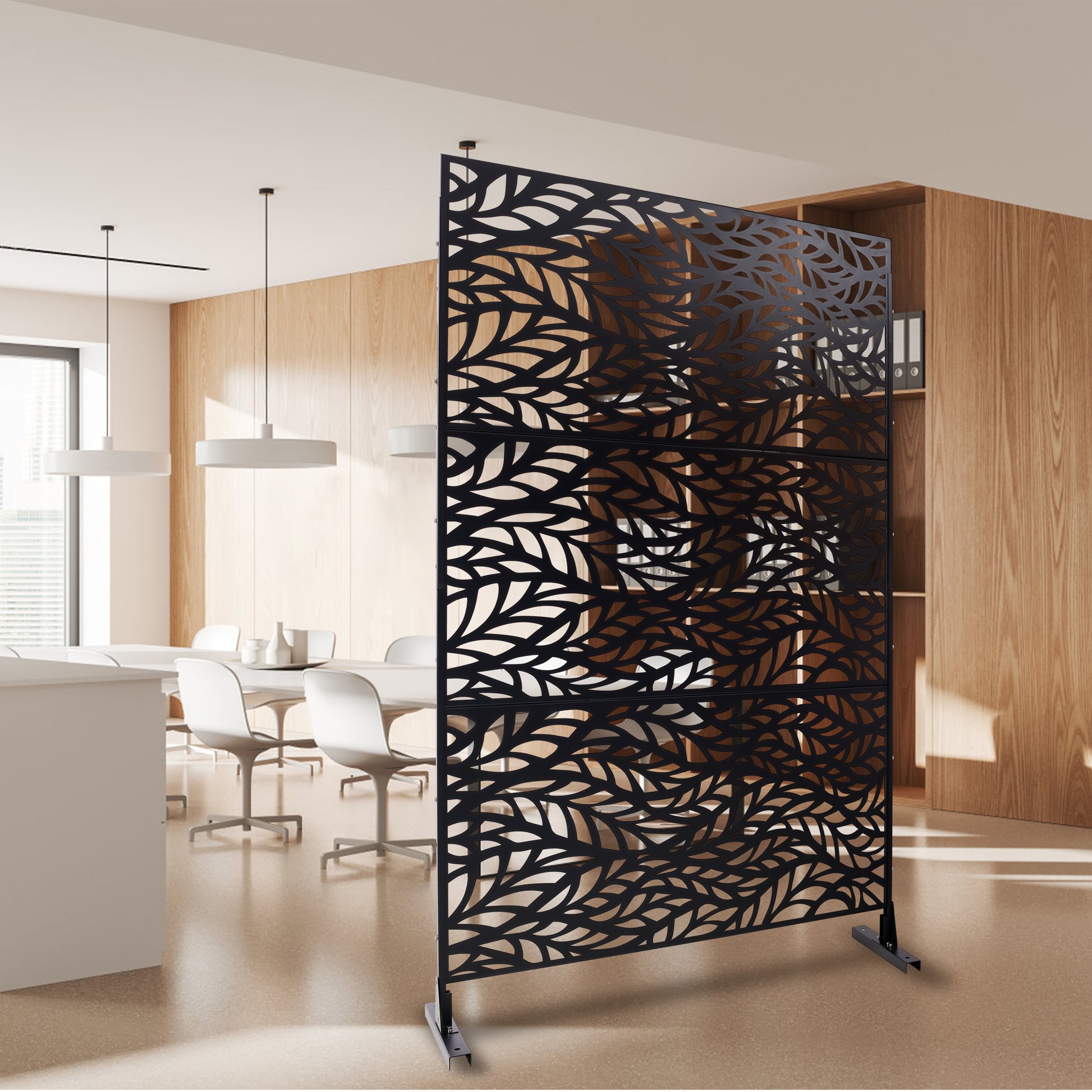 Black decorative room divider with intricate leaf pattern modern home accent