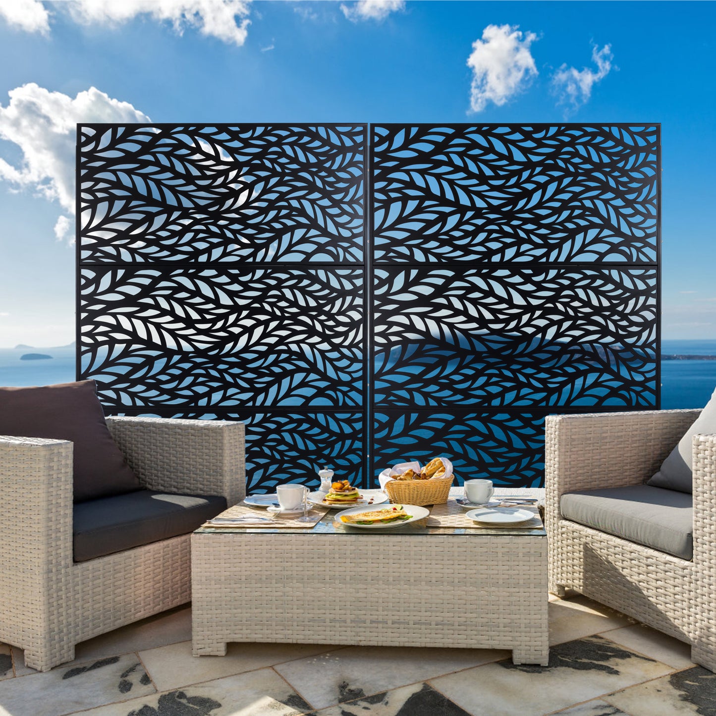 Black metal privacy screen with leaf pattern for garden patio