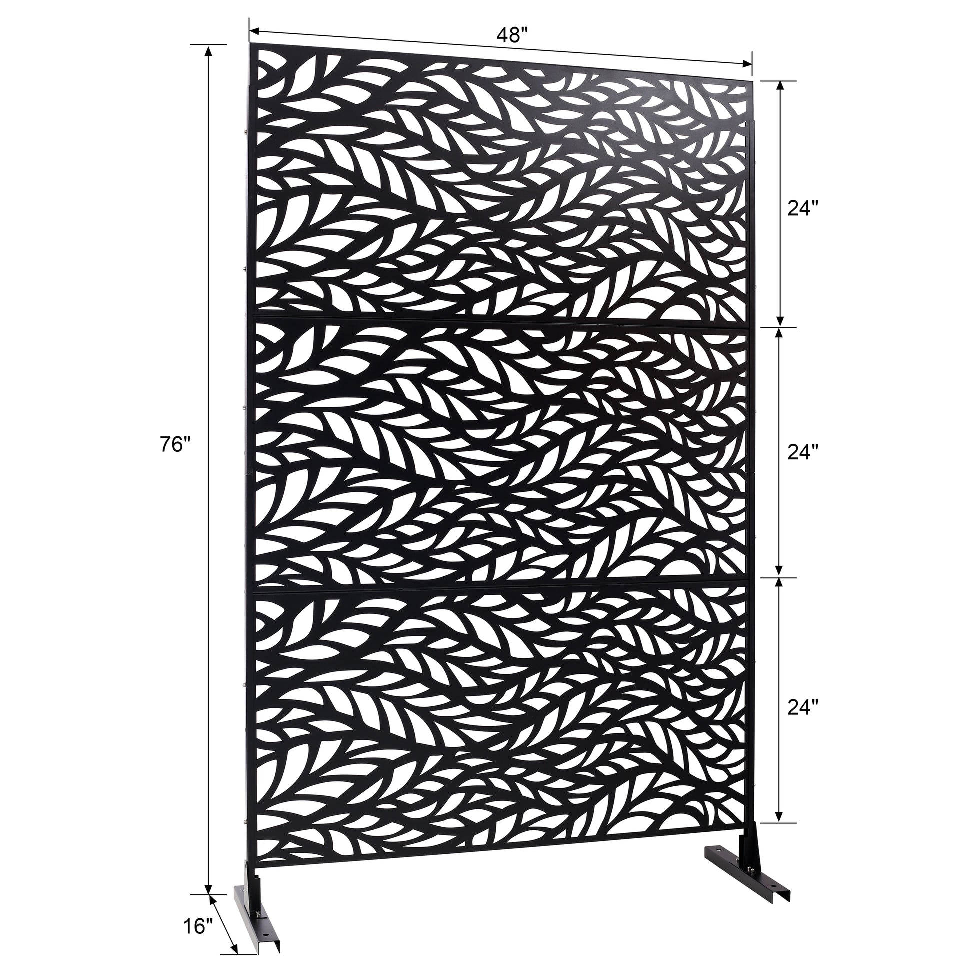 Black metal decorative garden screen with intricate leaf pattern x inches