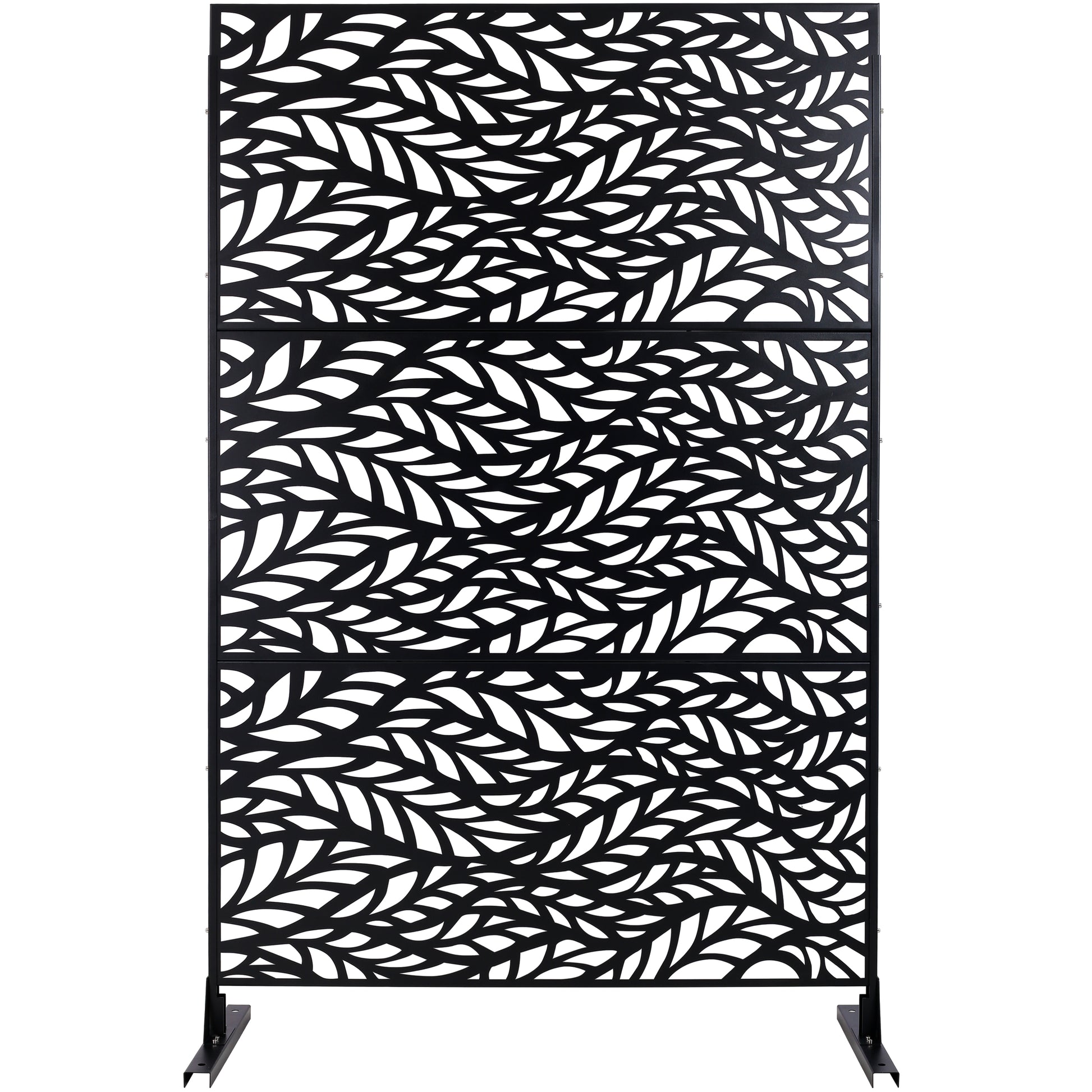 Black metal outdoor privacy screen with intricate leaf pattern ideal for garden decor