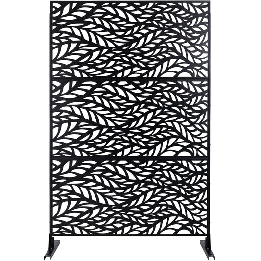 Black metal outdoor privacy screen with intricate leaf pattern ideal for garden decor