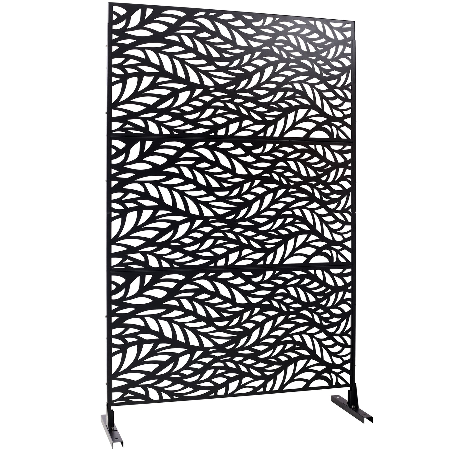Black metal garden screen with intricate leaf pattern for outdoor privacy