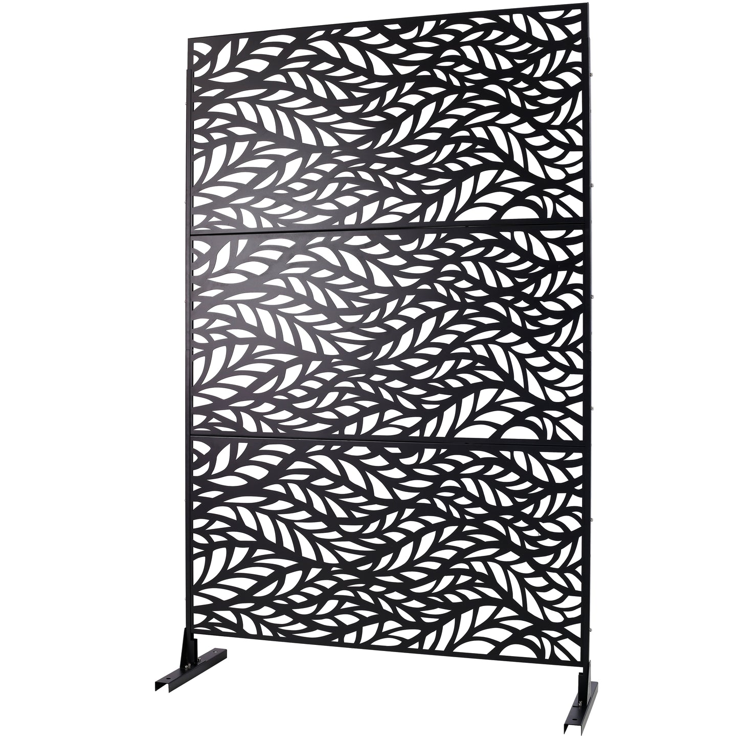 Black metal garden screen with intricate leaf cutouts  inches tall