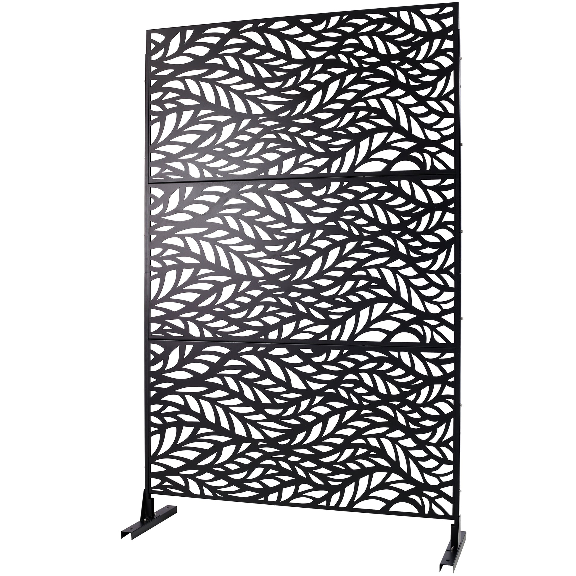 Black metal garden screen with intricate leaf cutouts  inches tall