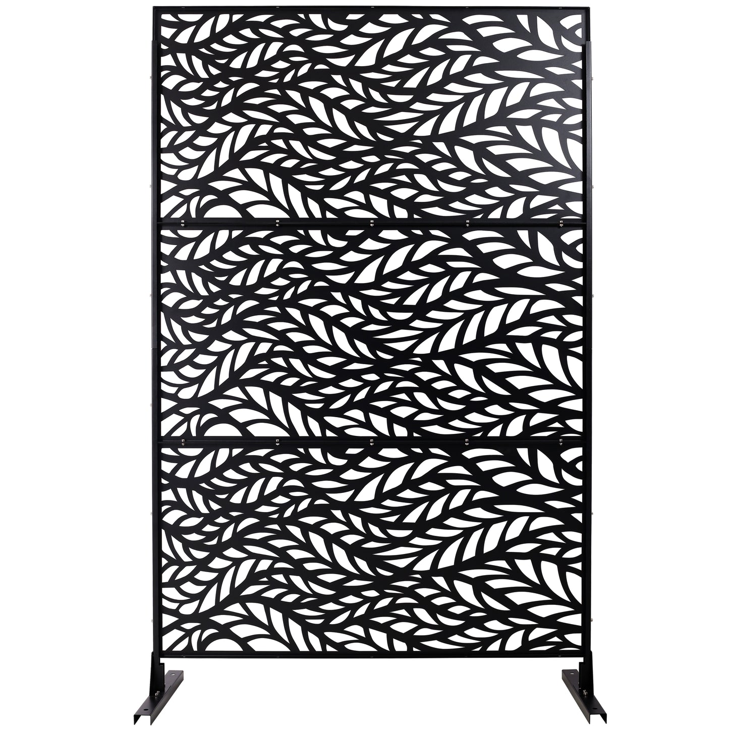 Black metal privacy screen with intricate leaf cutout pattern