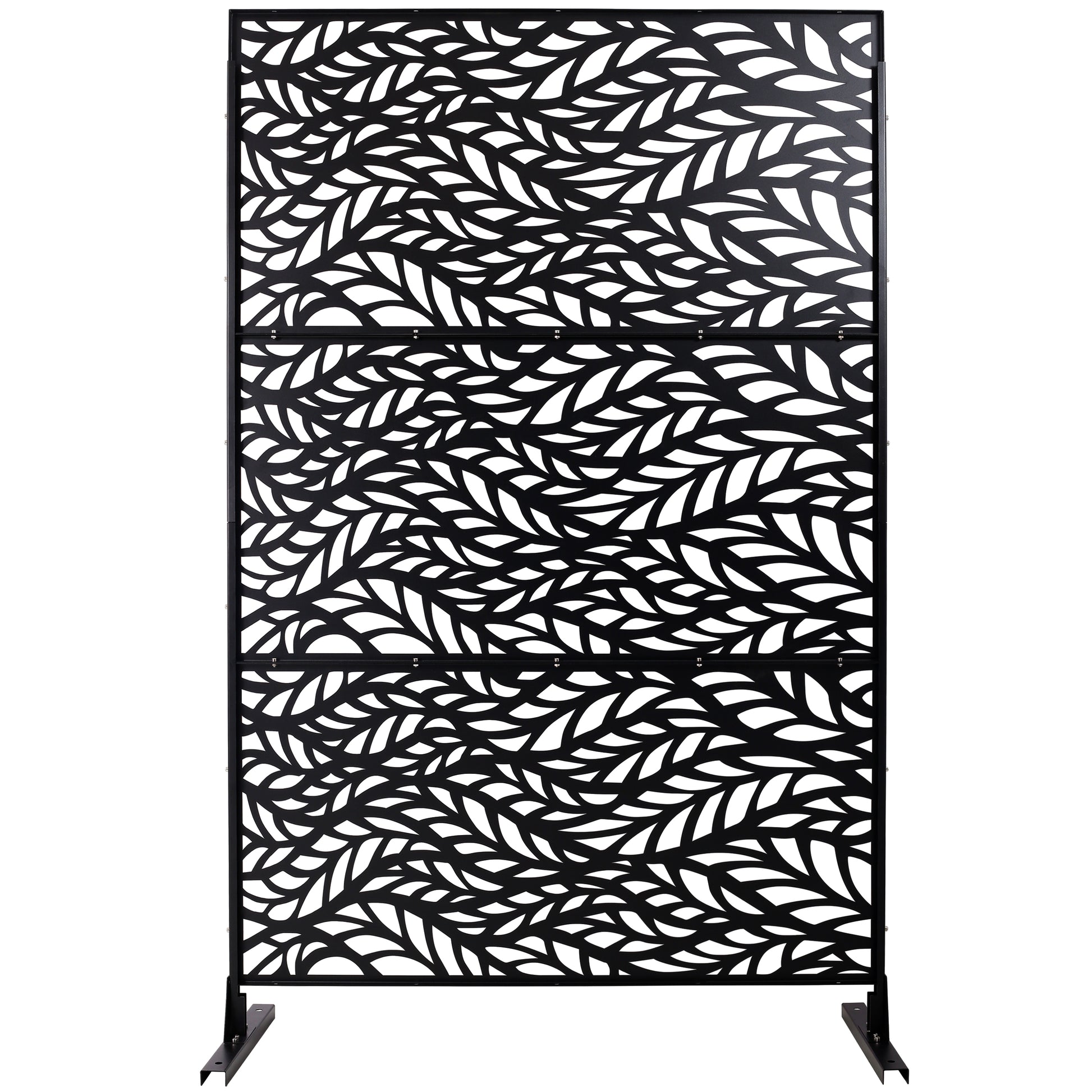 Black metal privacy screen with intricate leaf cutout pattern