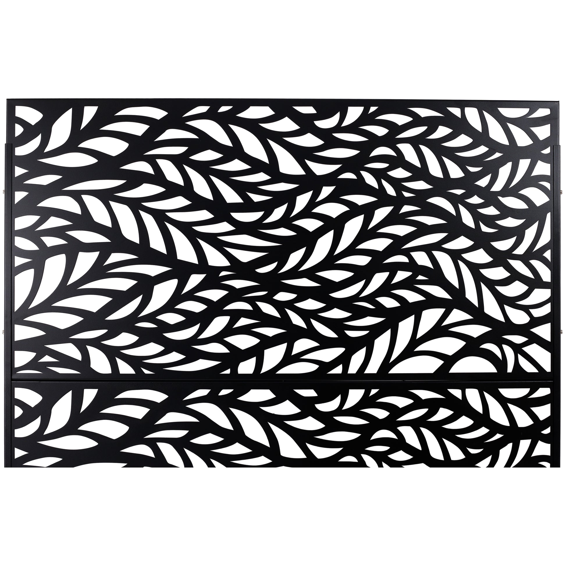 Black metal privacy screen panel with an intricate leaf pattern
