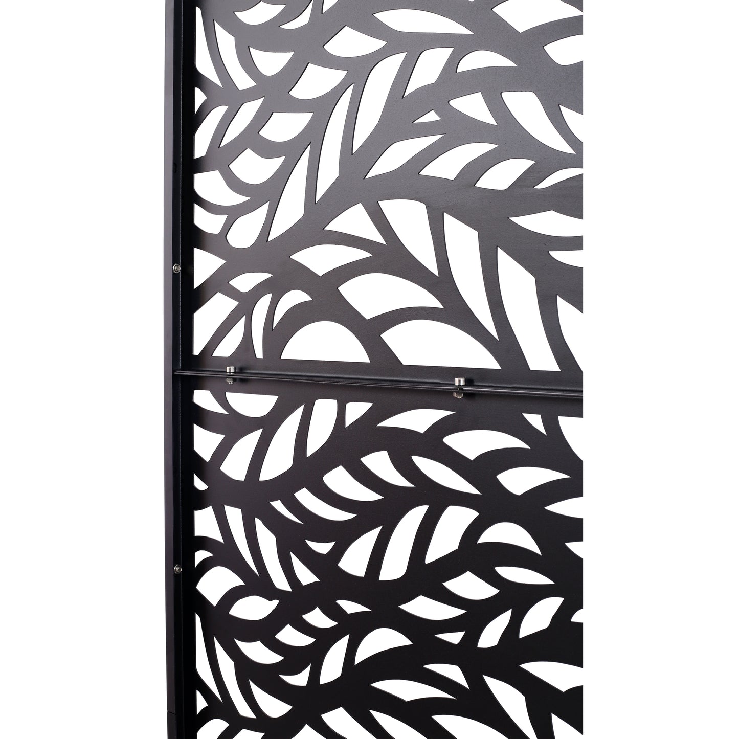 Black metal privacy screen with intricate leaf pattern for garden decor