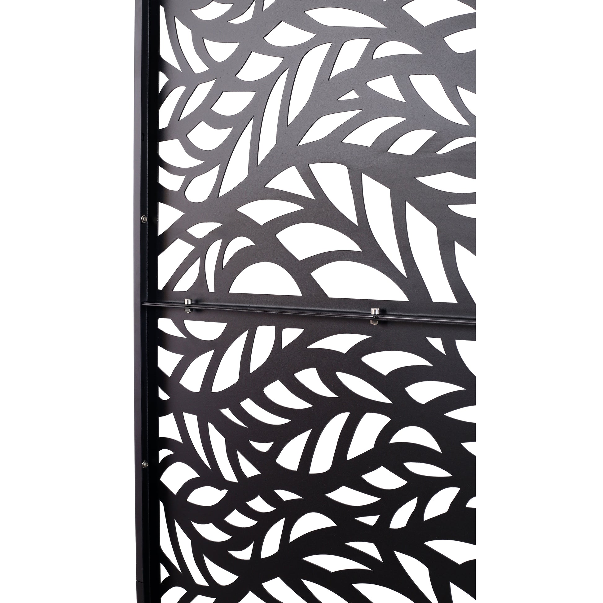 Black metal privacy screen with intricate leaf pattern for garden decor