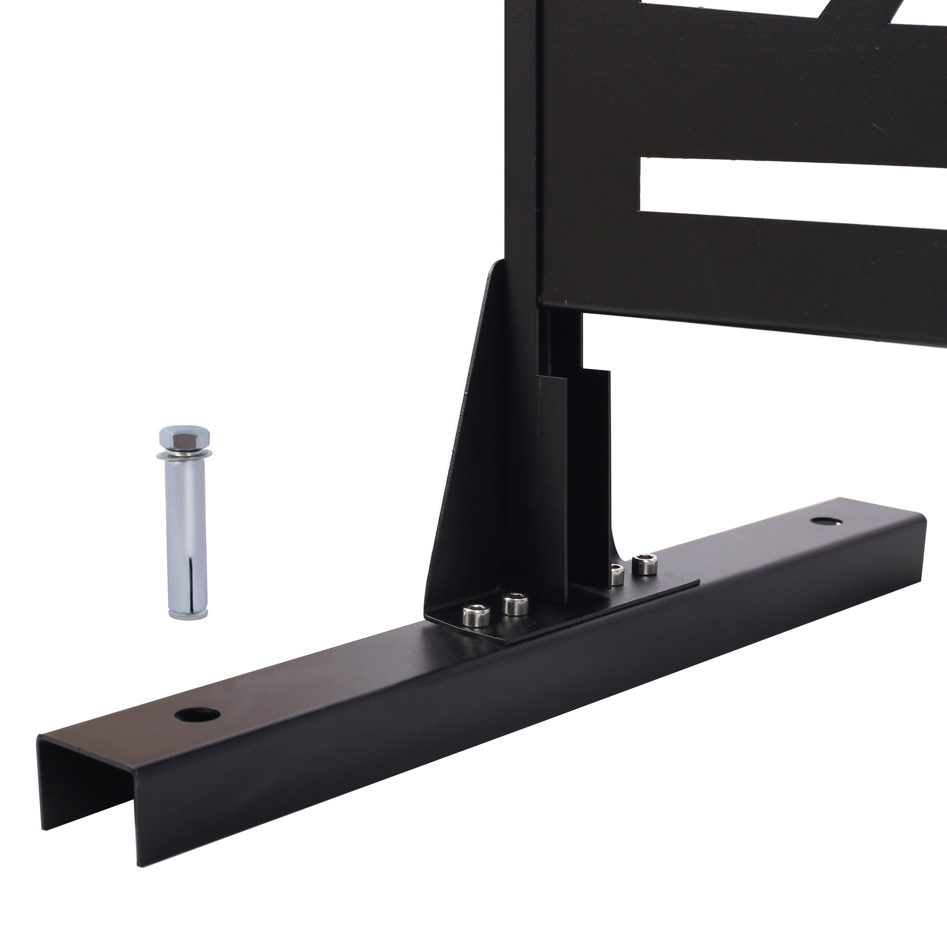 Black metal sign post base with anchor bolt for secure outdoor installation