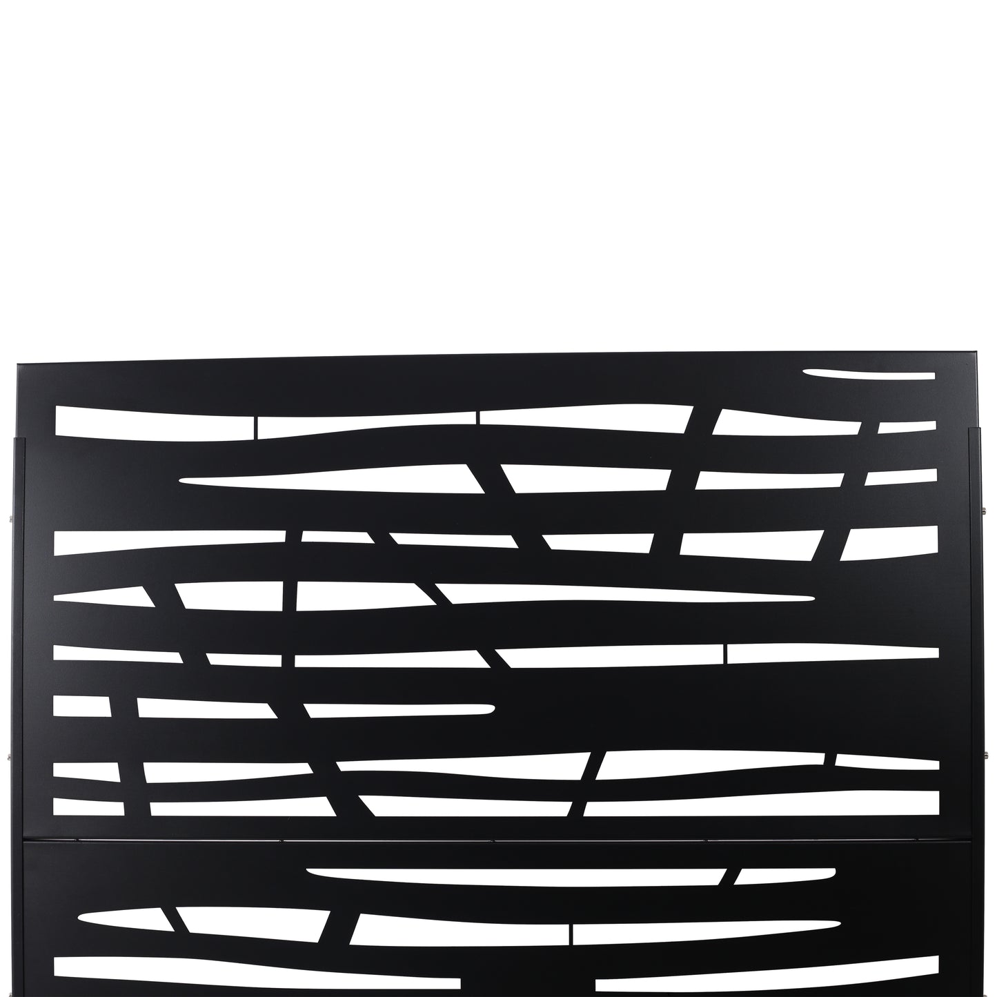 Black metal privacy screen with abstract cutout pattern for garden