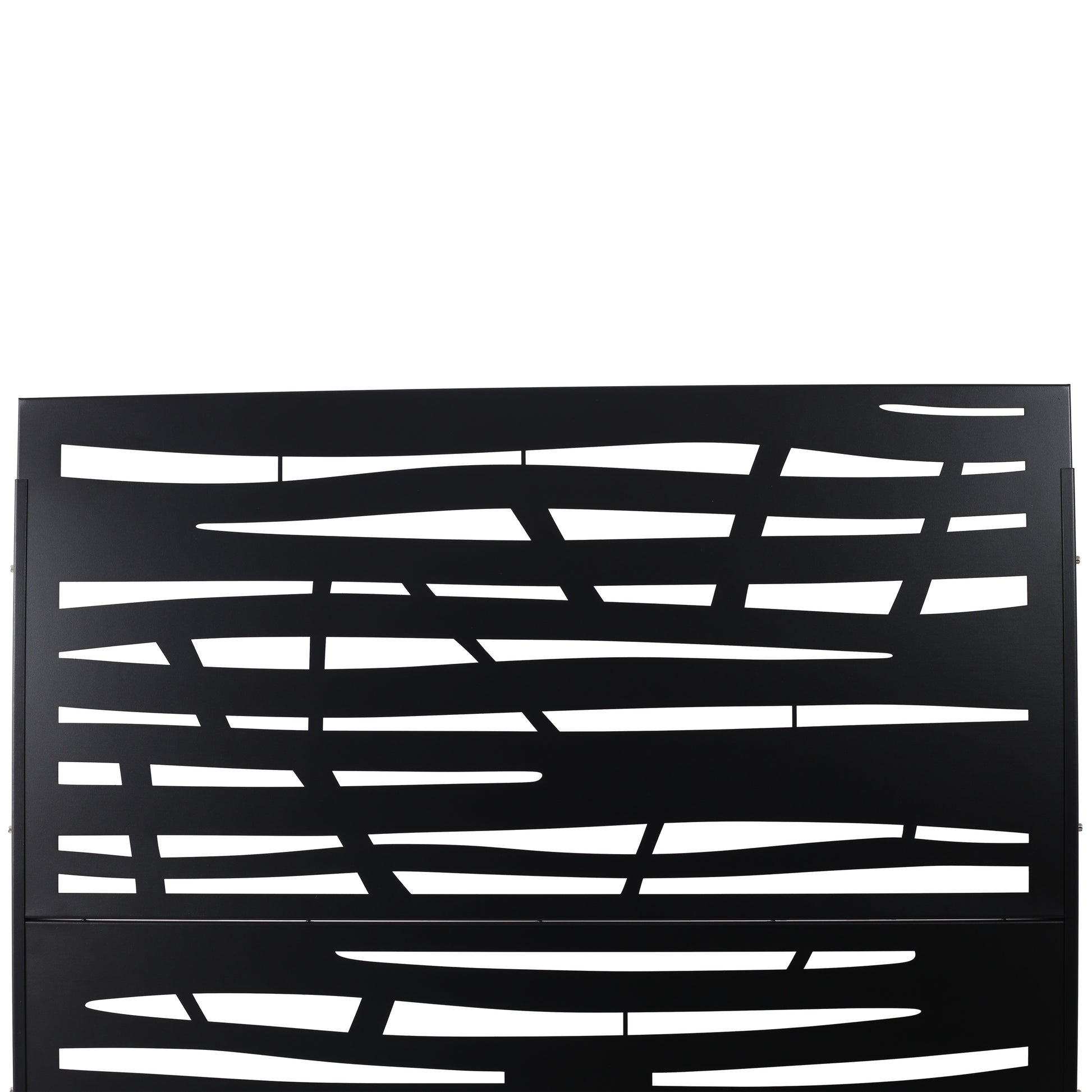 Black metal privacy screen with abstract cutout pattern for garden