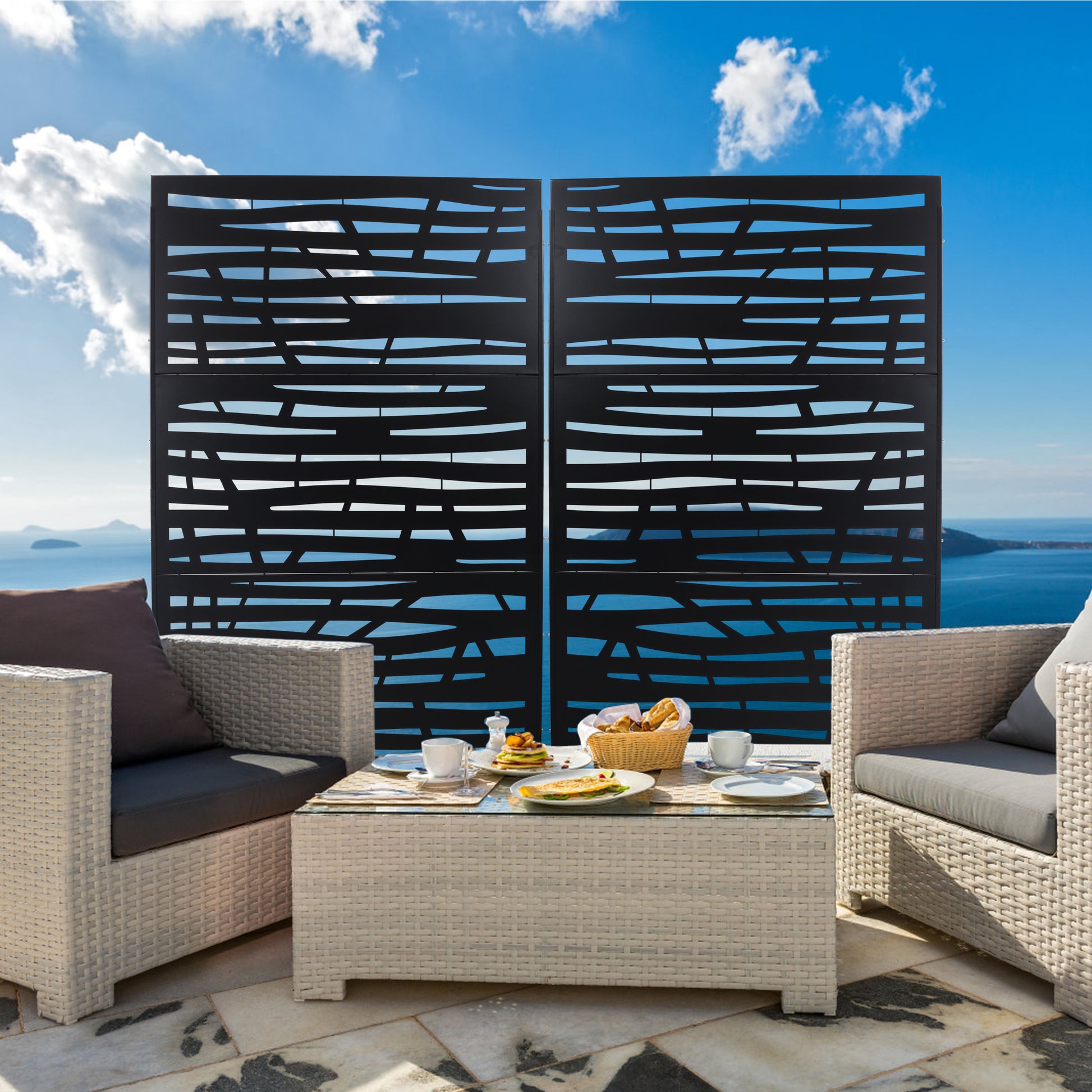 Black lasercut metal garden screen panel with a modern abstract pattern for privacy