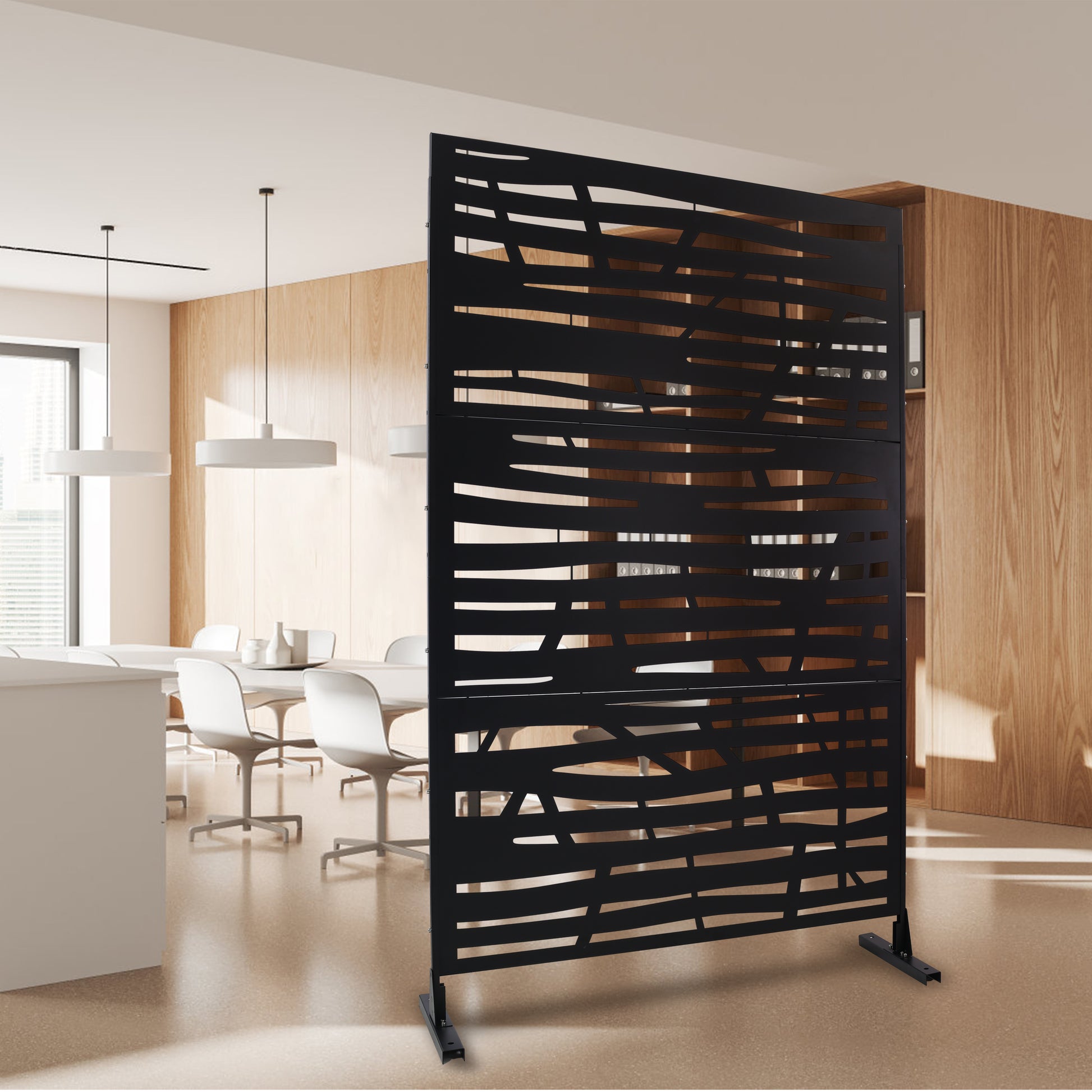 Black metal room divider with abstract cutouts modern design for living spaces