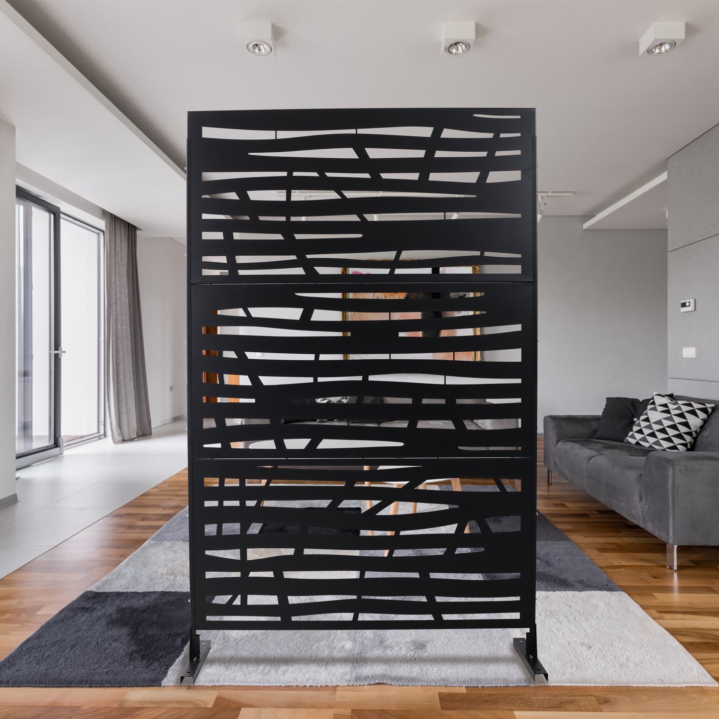 Black modern room divider with abstract cutout pattern inch tall for home decor
