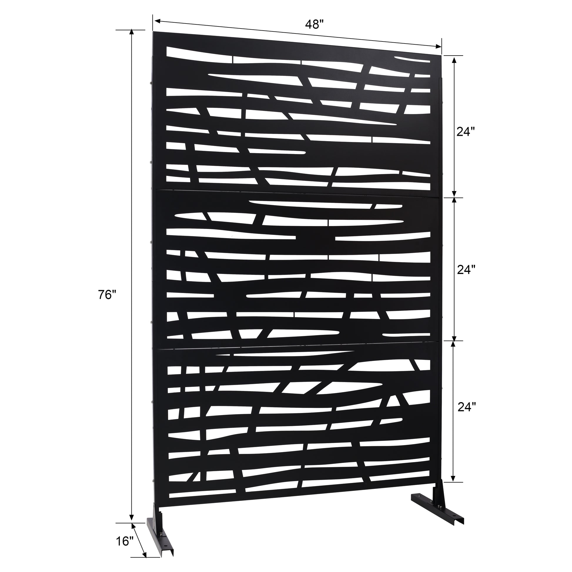 Black metal outdoor privacy screen with a modern abstract design