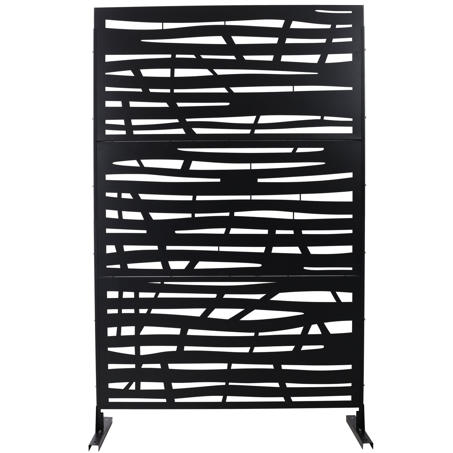 Black metal privacy screen with modern abstract cutouts for outdoor decor