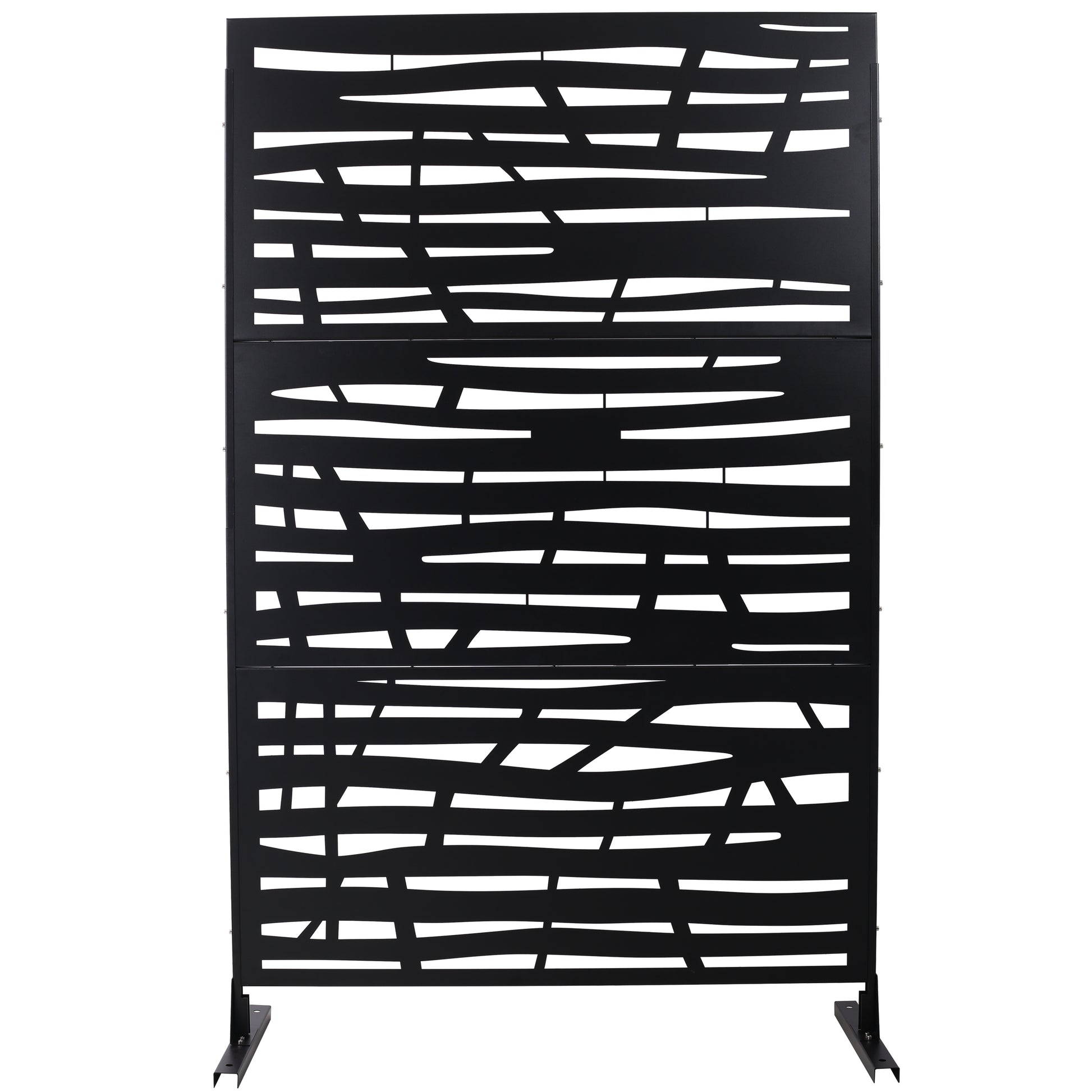 Black metal privacy screen with modern abstract cutouts for outdoor decor