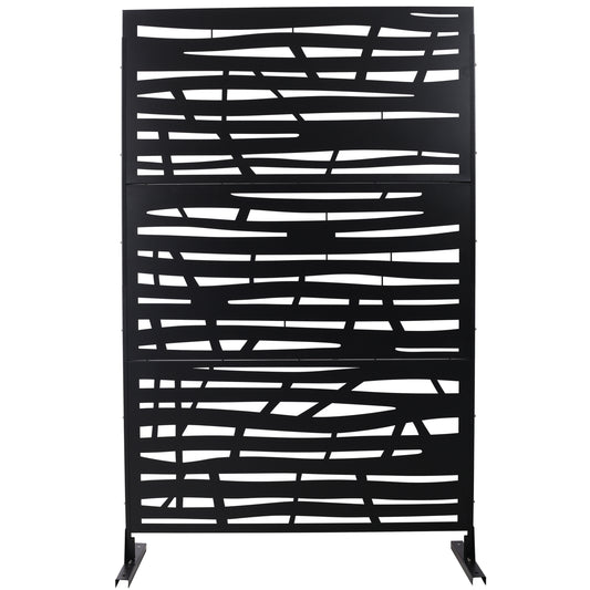 Black metal privacy screen with modern abstract cutouts for outdoor decor