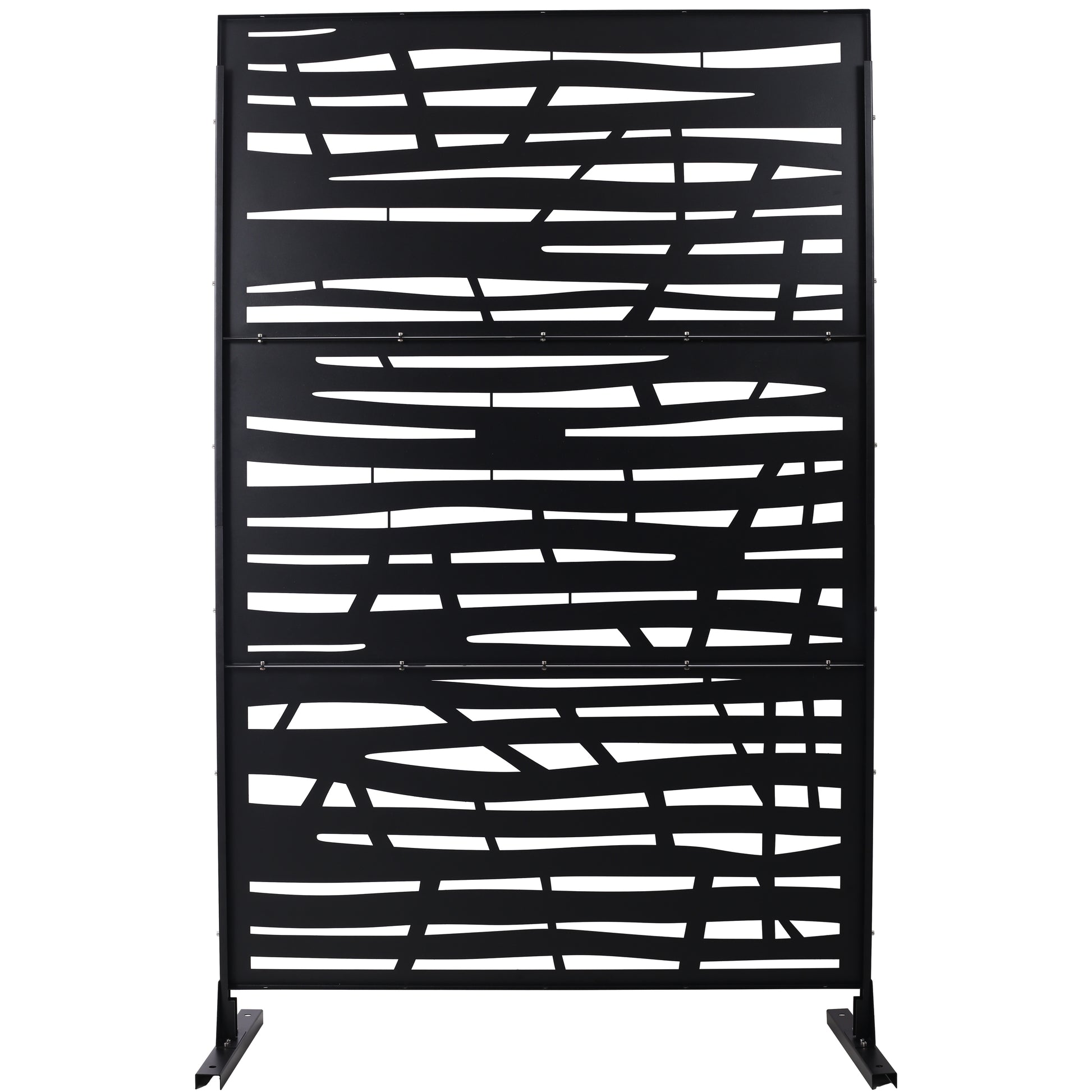 Black metal privacy screen with abstract wave pattern and metal feet