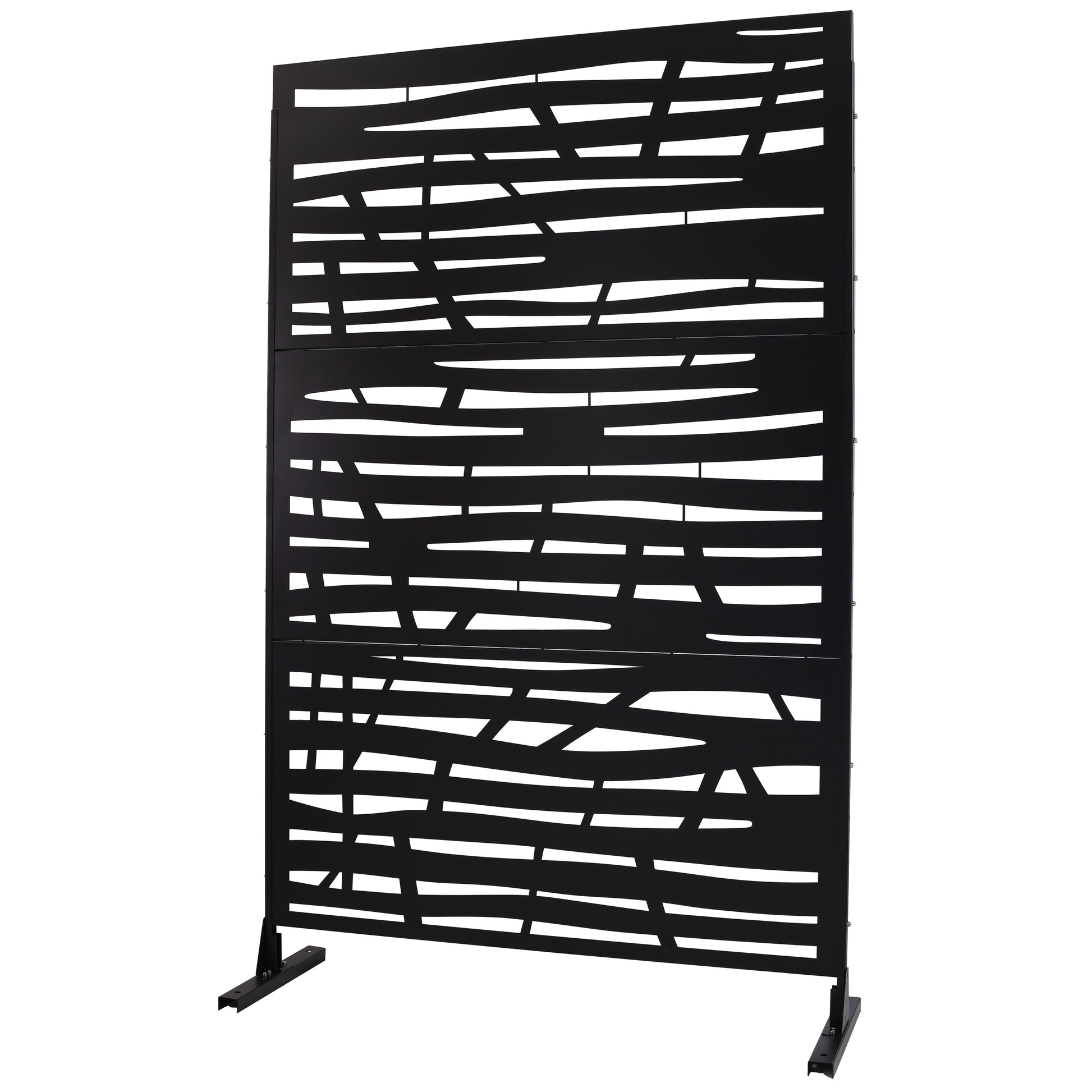 Black modern outdoor privacy screen with abstract cutouts and sturdy base