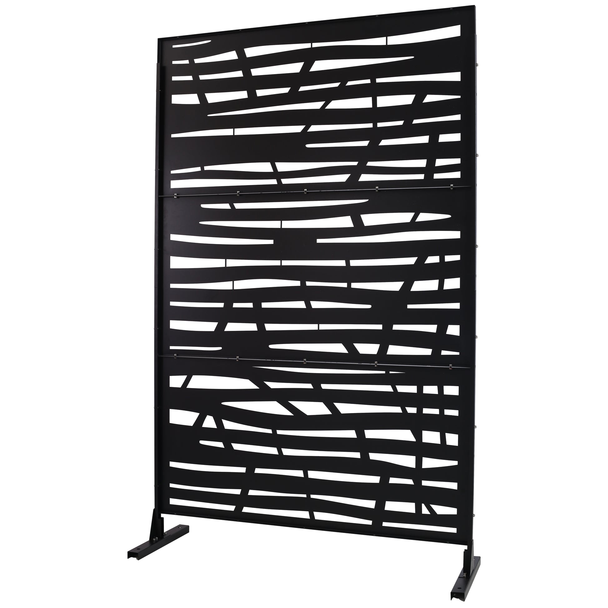 Black metal decorative privacy screen with abstract lasercut design and metal base
