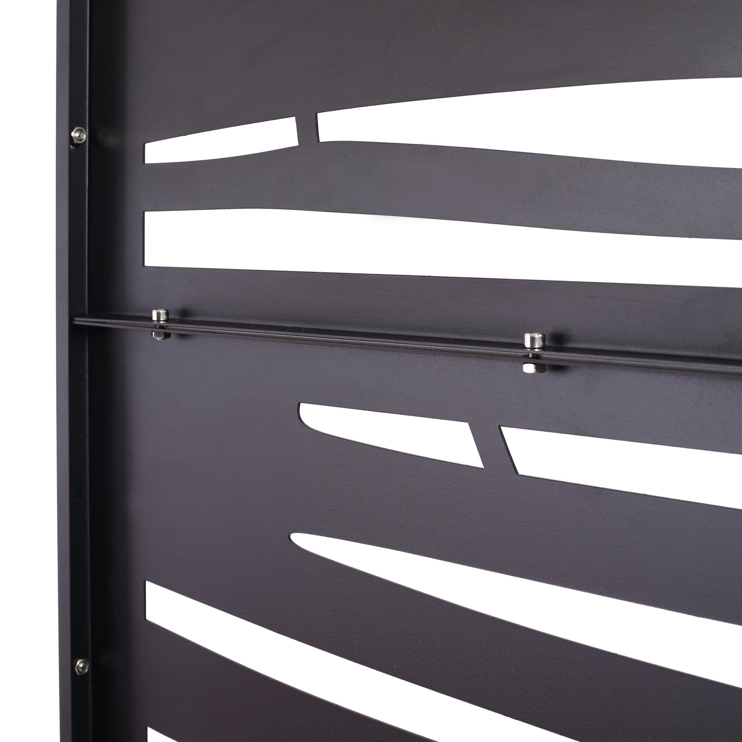 Black metal privacy screen with modern abstract cutouts for outdoor patios