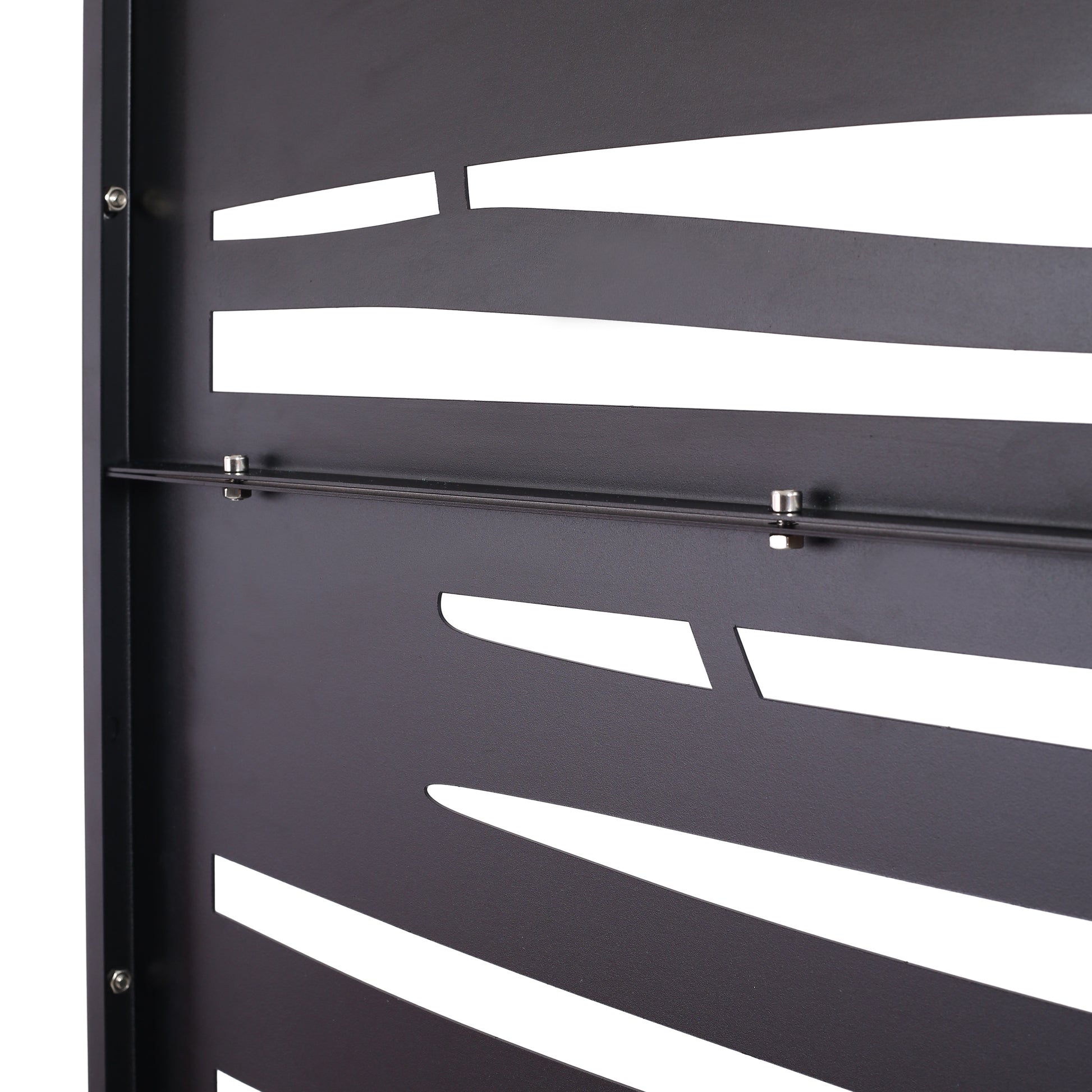 Black metal privacy screen with modern abstract cutouts for outdoor patios