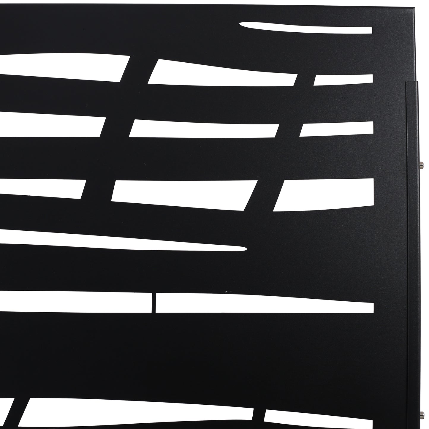 Black metal privacy screen with abstract lasercut horizontal and diagonal slits modern design