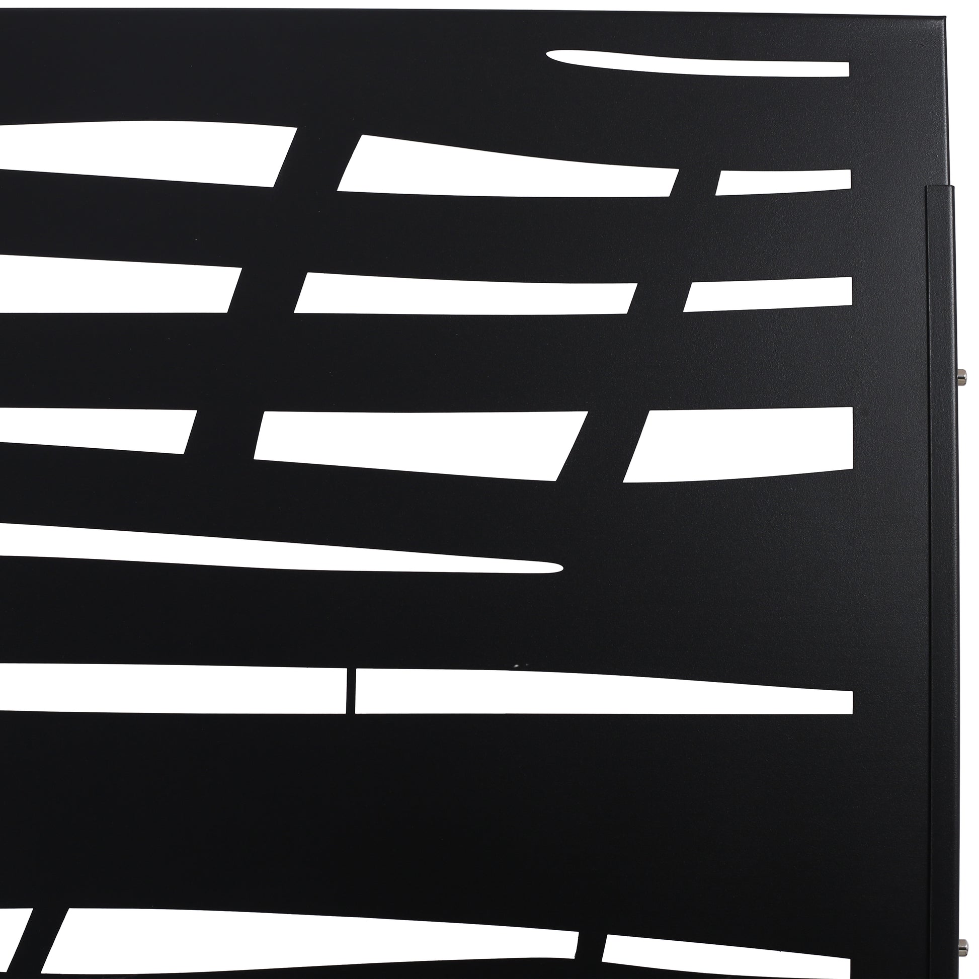 Black metal privacy screen with abstract lasercut horizontal and diagonal slits modern design