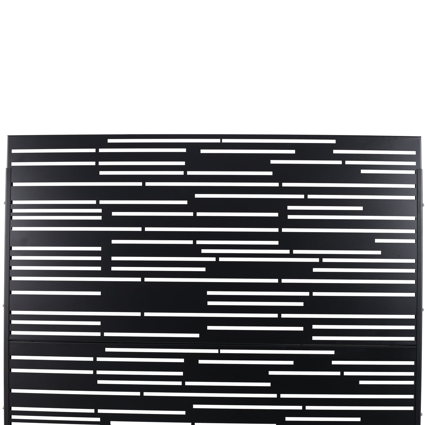 Modern black metal garden screen with abstract horizontal slit pattern