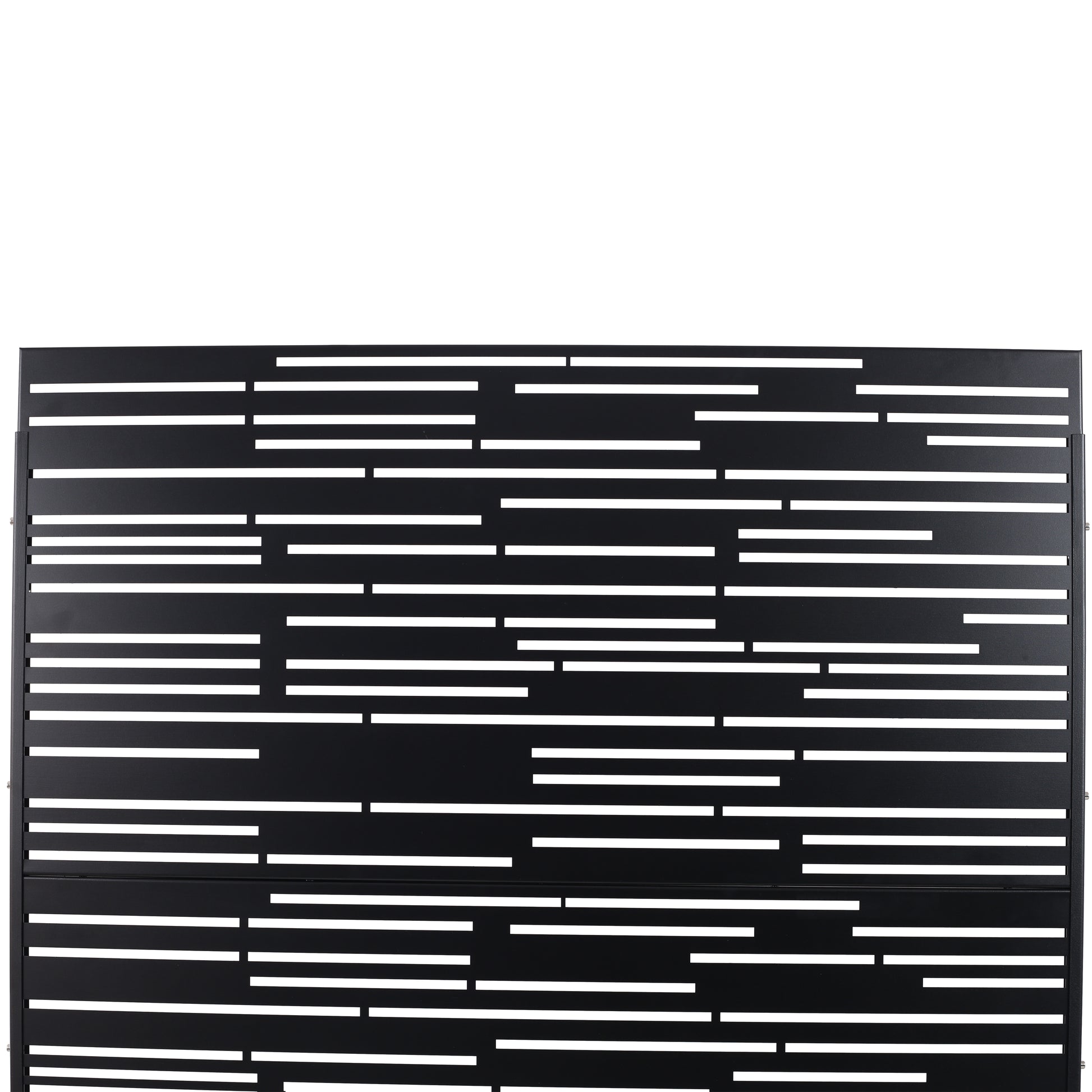 Modern black metal garden screen with abstract horizontal slit pattern