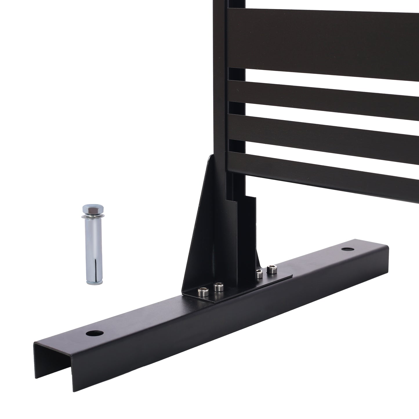 Black metal fence post base with anchor bolt for secure outdoor installation