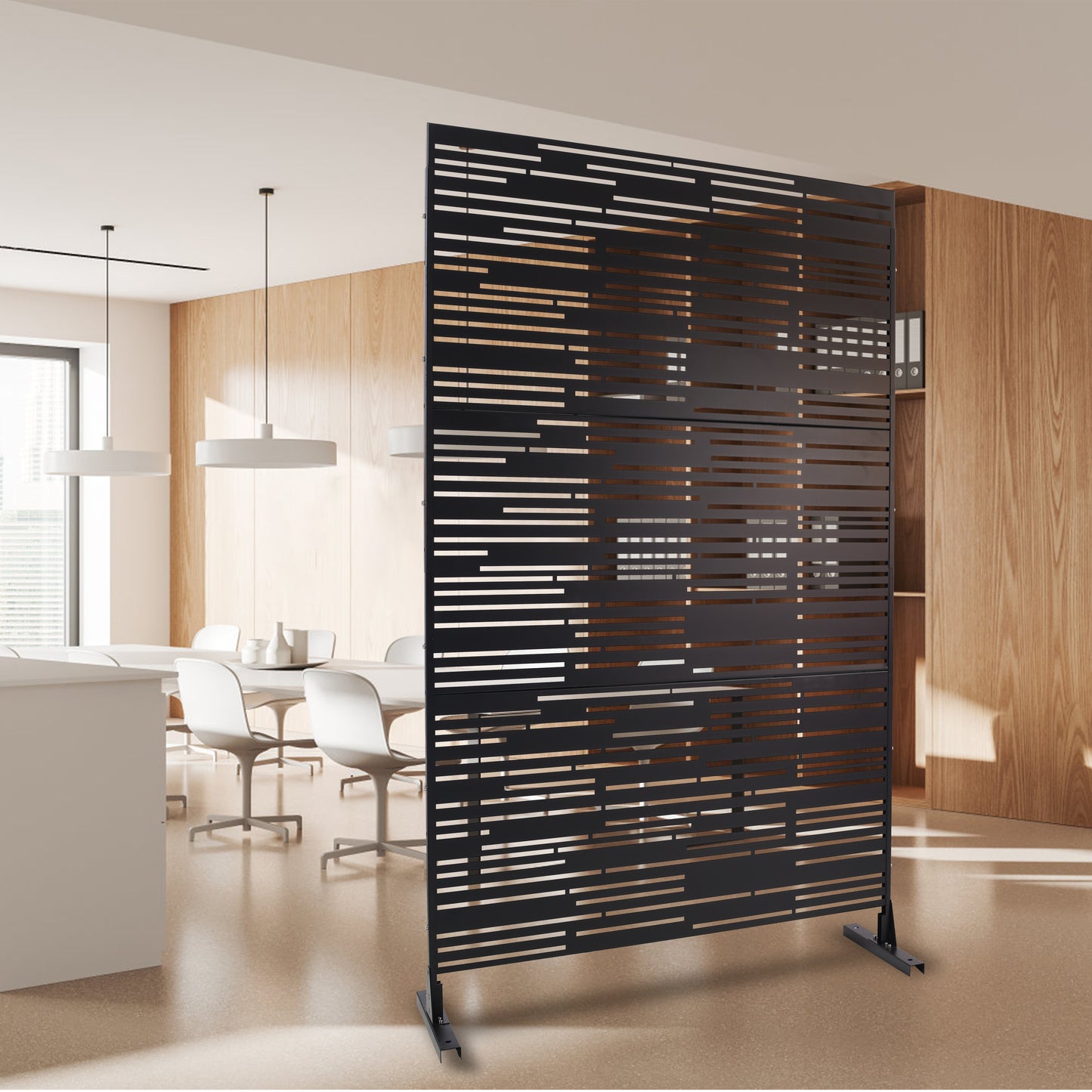 Black modern room divider with a geometric lasercut design perfect for office spaces
