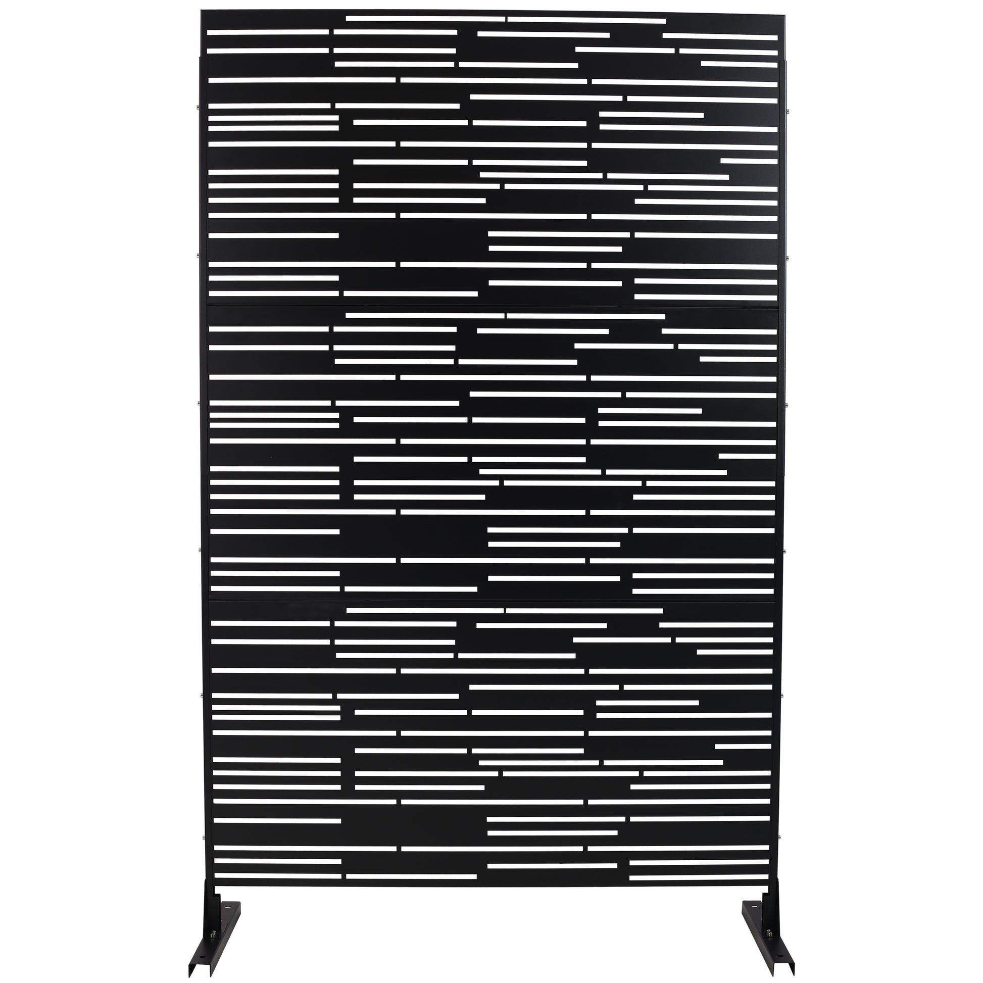 Modern black metal privacy screen with horizontal slat design and metal base