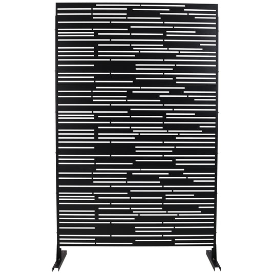Modern black metal privacy screen with horizontal slat design and metal base