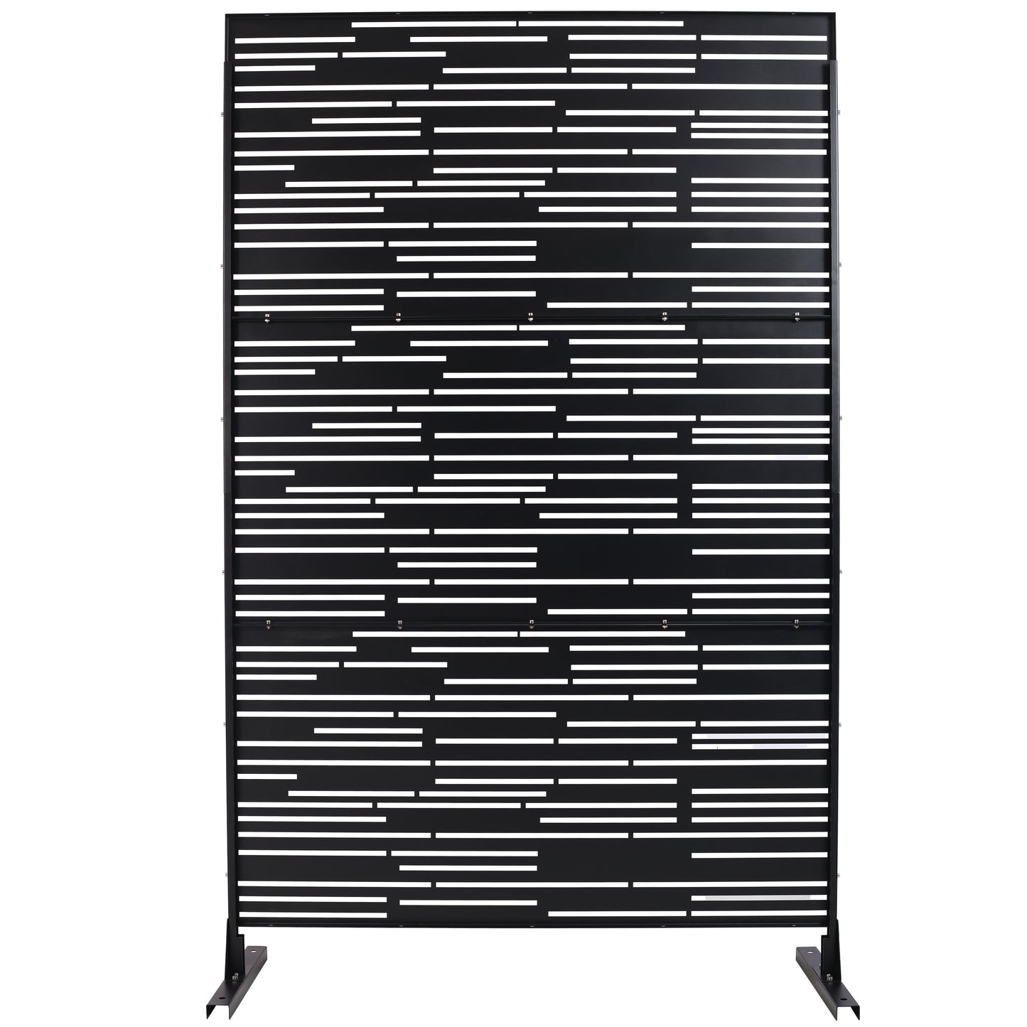 Black metal outdoor privacy screen with a modern horizontal slat design for patios