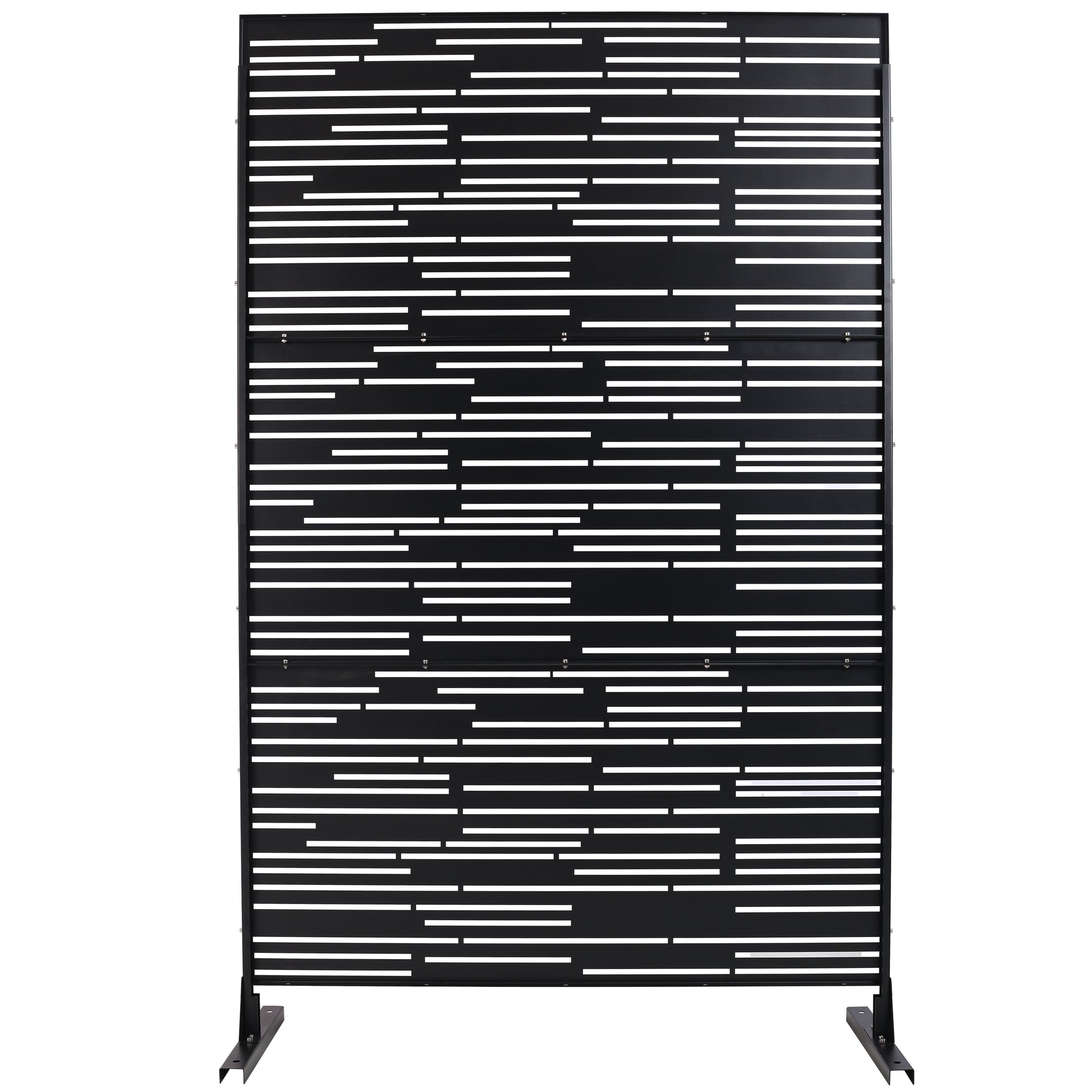 Black metal outdoor privacy screen with a modern horizontal slat design for patios