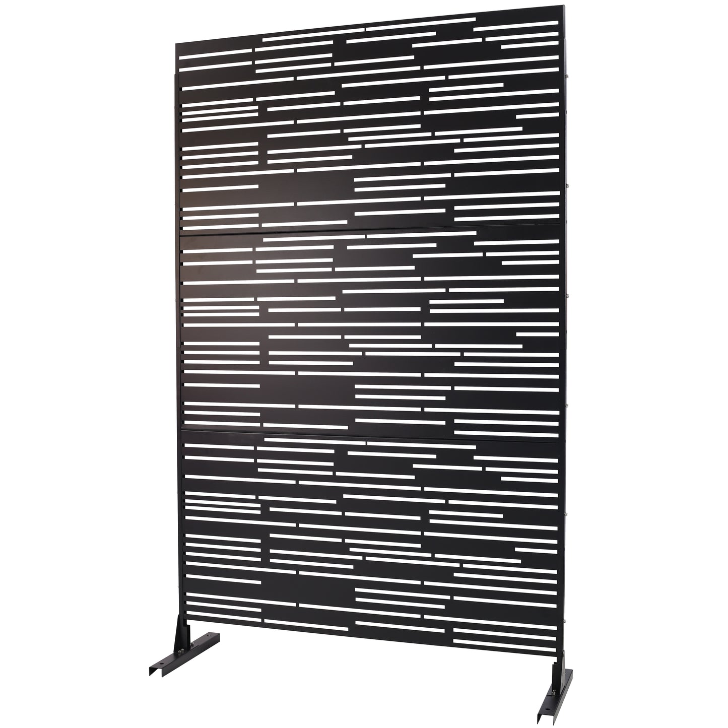 Black metal privacy screen with a modern linear cutout design  inches tall
