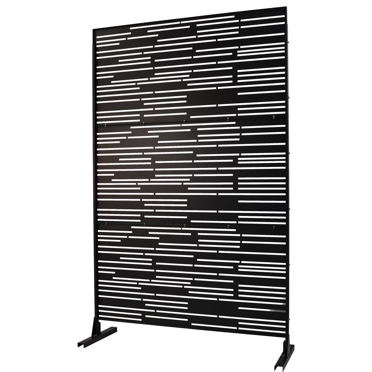 Black metal outdoor screen with modern horizontal slat design and base