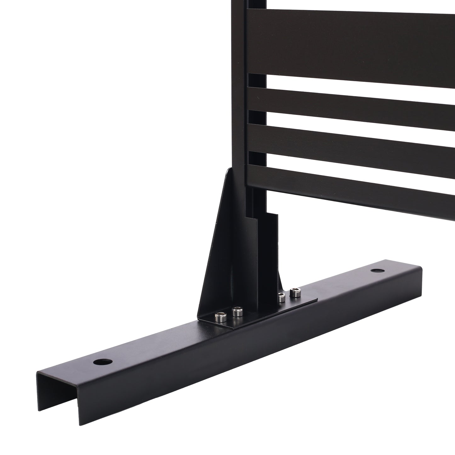 Black metal railing base with horizontal slats and secure bolt attachments