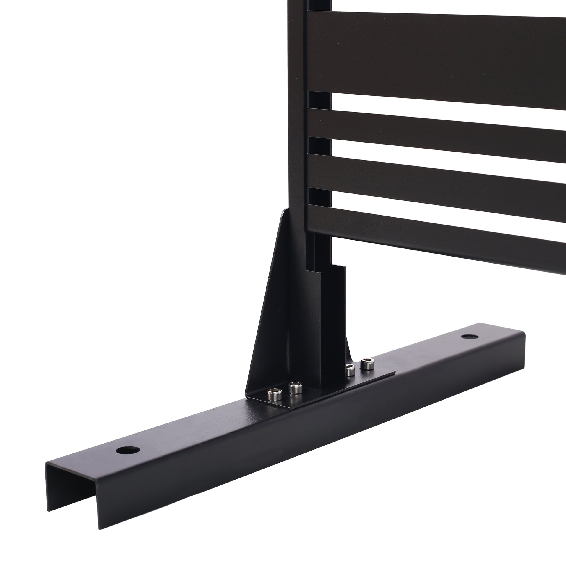Black metal railing base with horizontal slats and secure bolt attachments