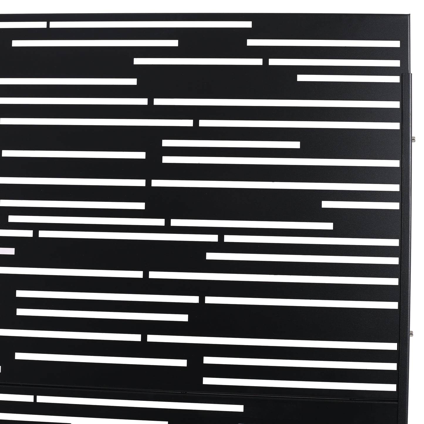Modern black metal privacy screen with irregular white horizontal cutouts for garden decor