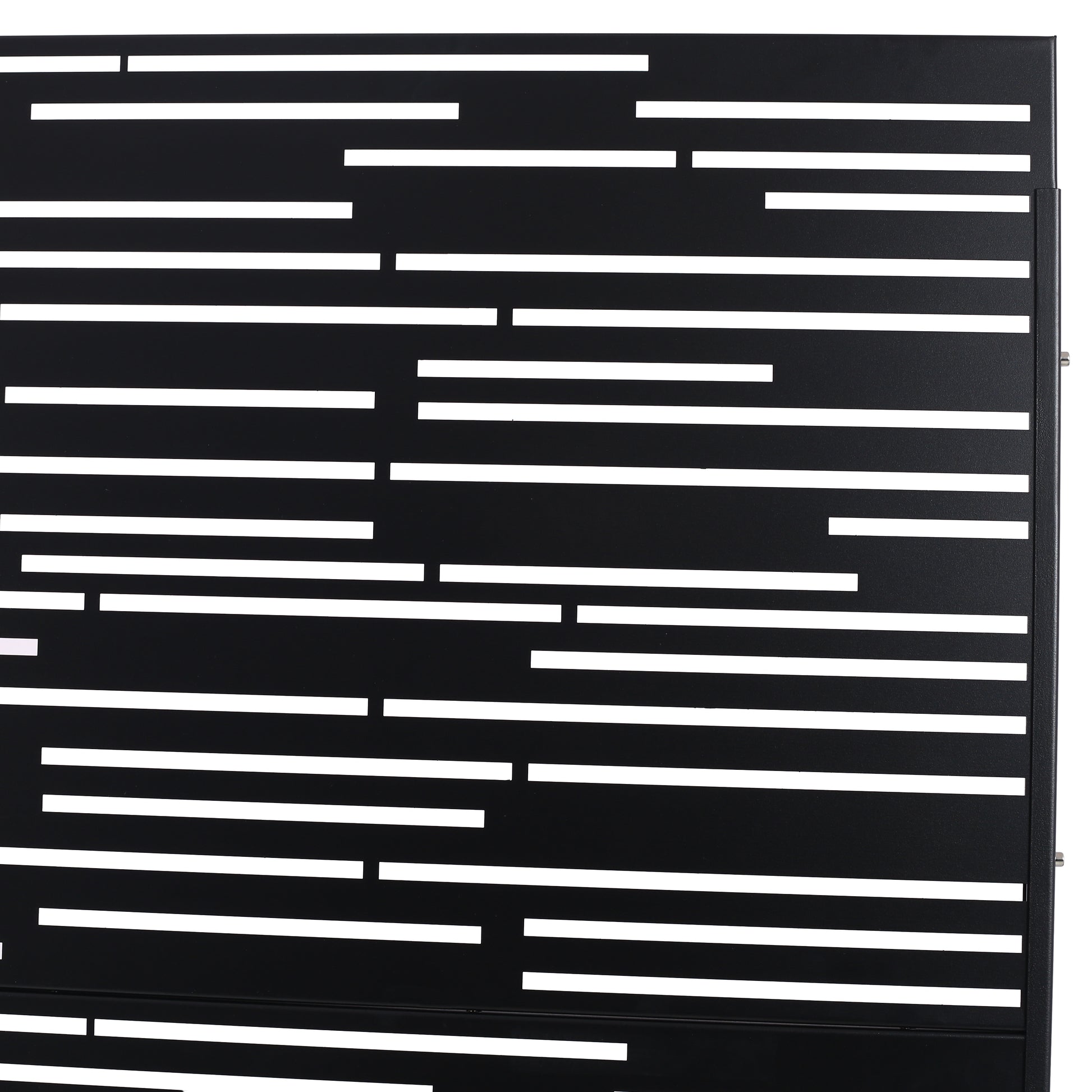 Modern black metal privacy screen with irregular white horizontal cutouts for garden decor