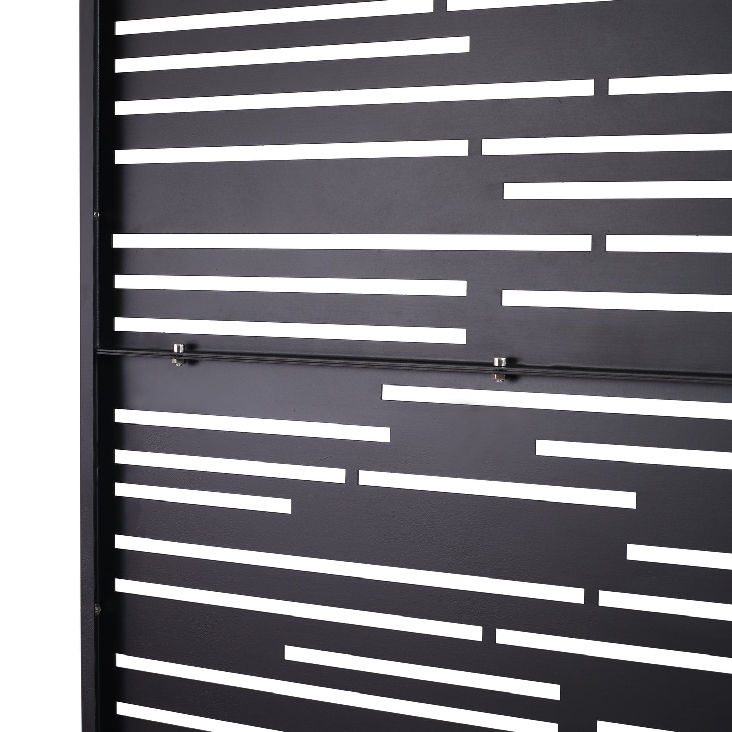 Black metal garden screen with horizontal white stripe cutouts