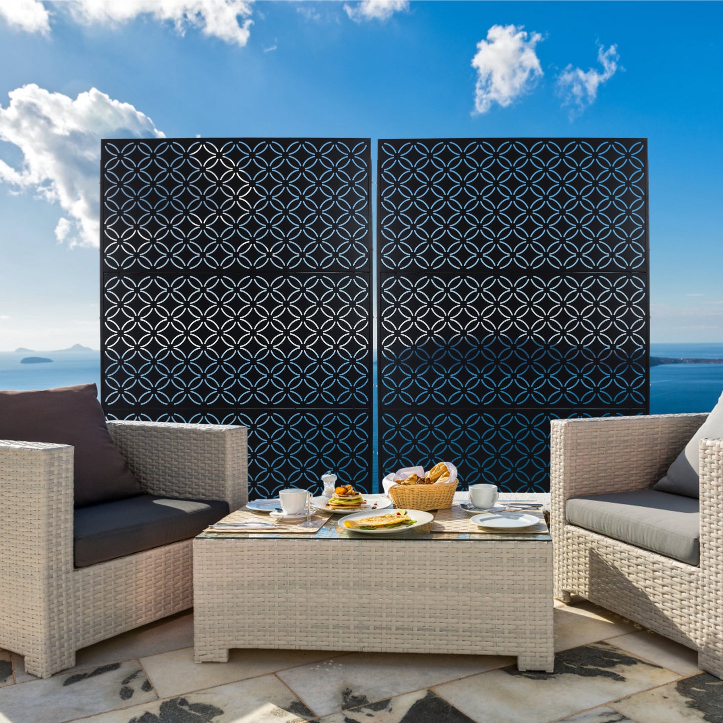 Black metal privacy screen with geometric circles pattern ideal for outdoor patios