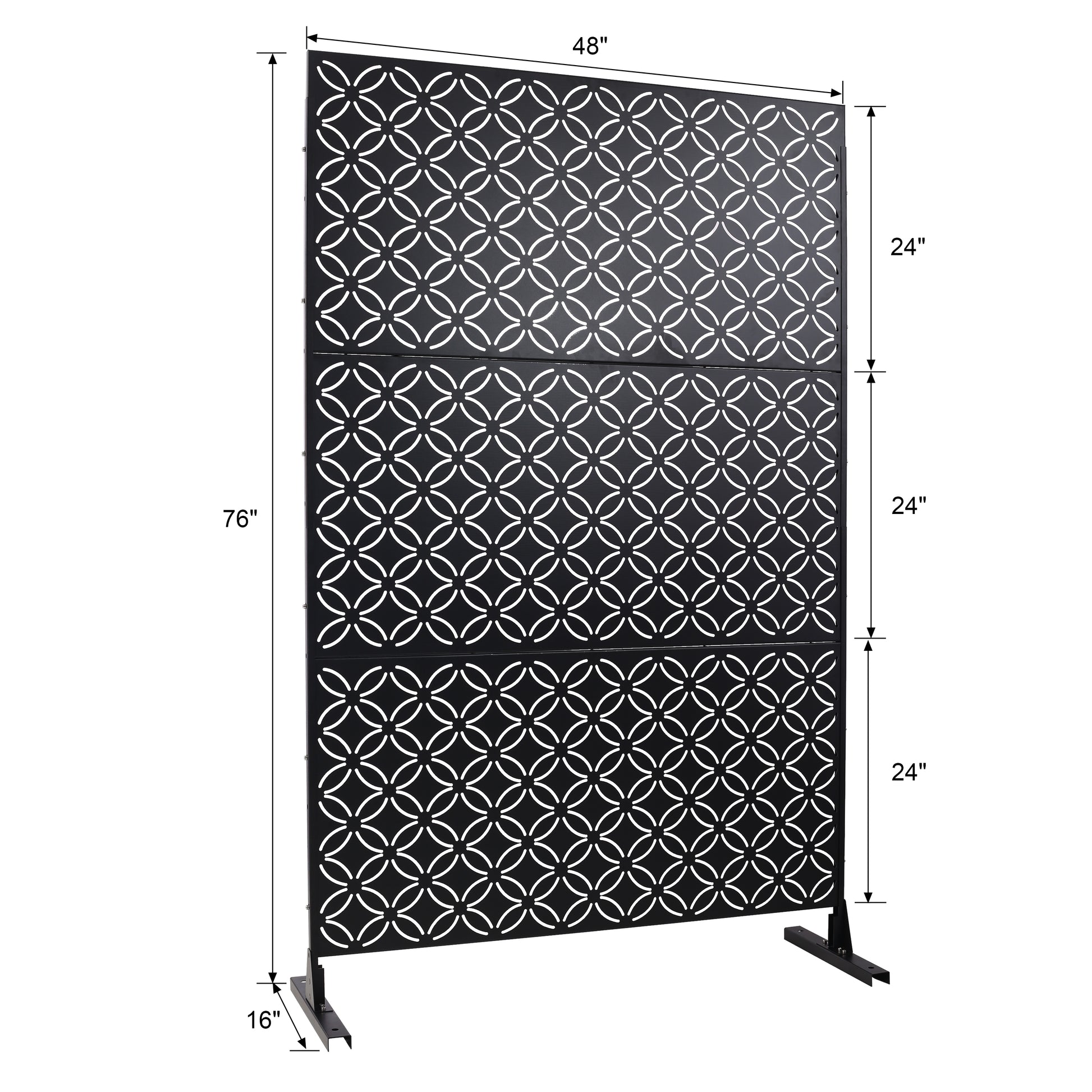 Black metal garden screen with geometric white circular pattern  inches tall