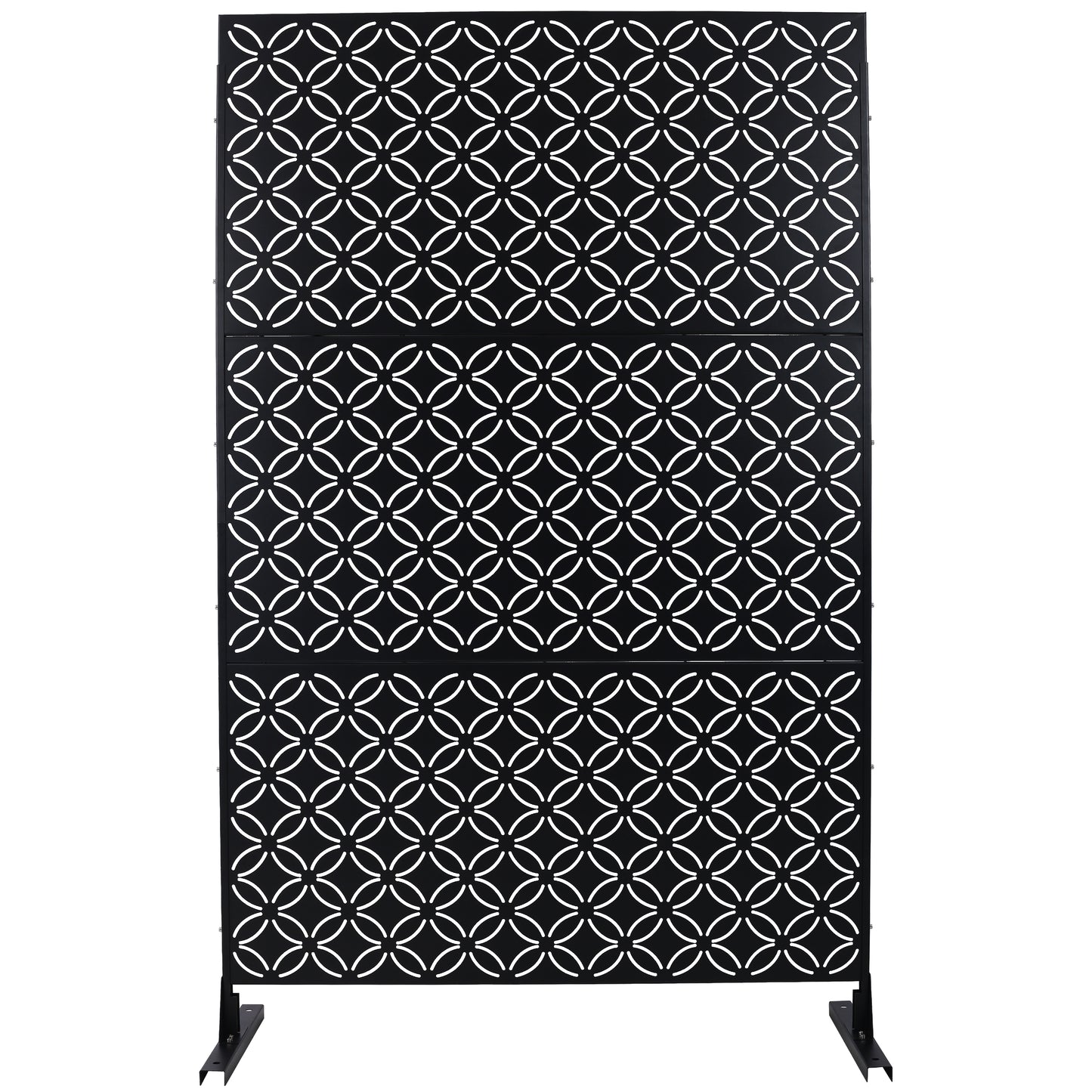 Black decorative metal screen panel with a geometric interlocking circle pattern